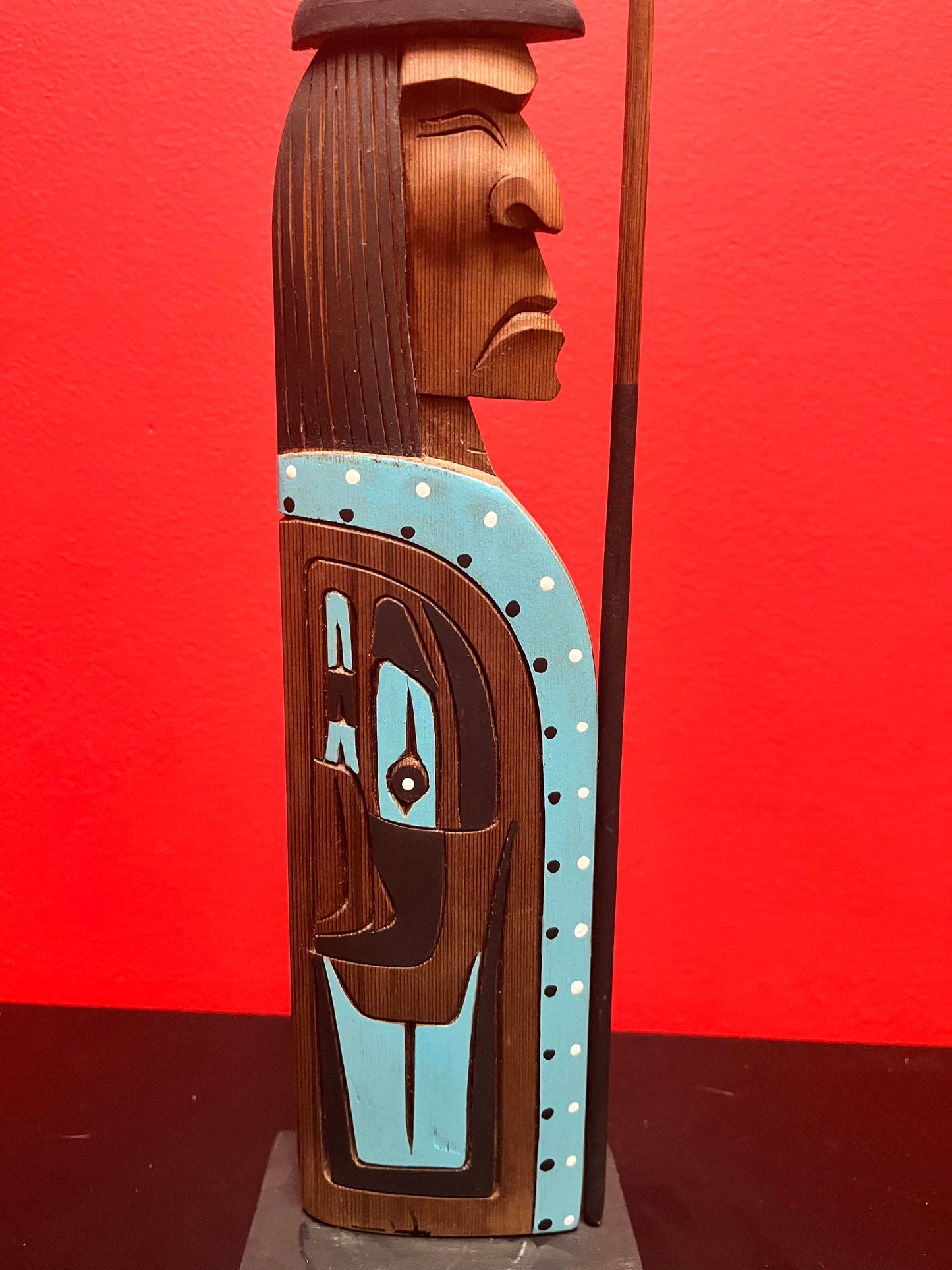 Masterful and beautiful, indigenous first Nations pacific northwest coast signed painted cedar statue of a chief - wow - 15 inches tall