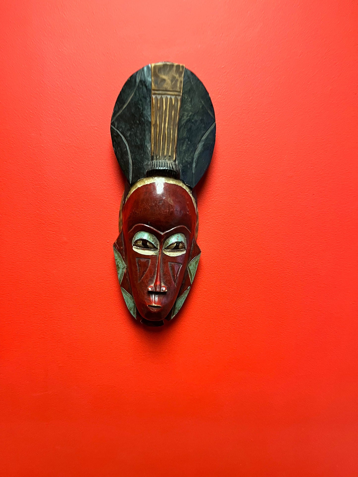 Fabulous antique African polychrome painted ceremonial mask  wonderful Patina  16 inches tall - wow