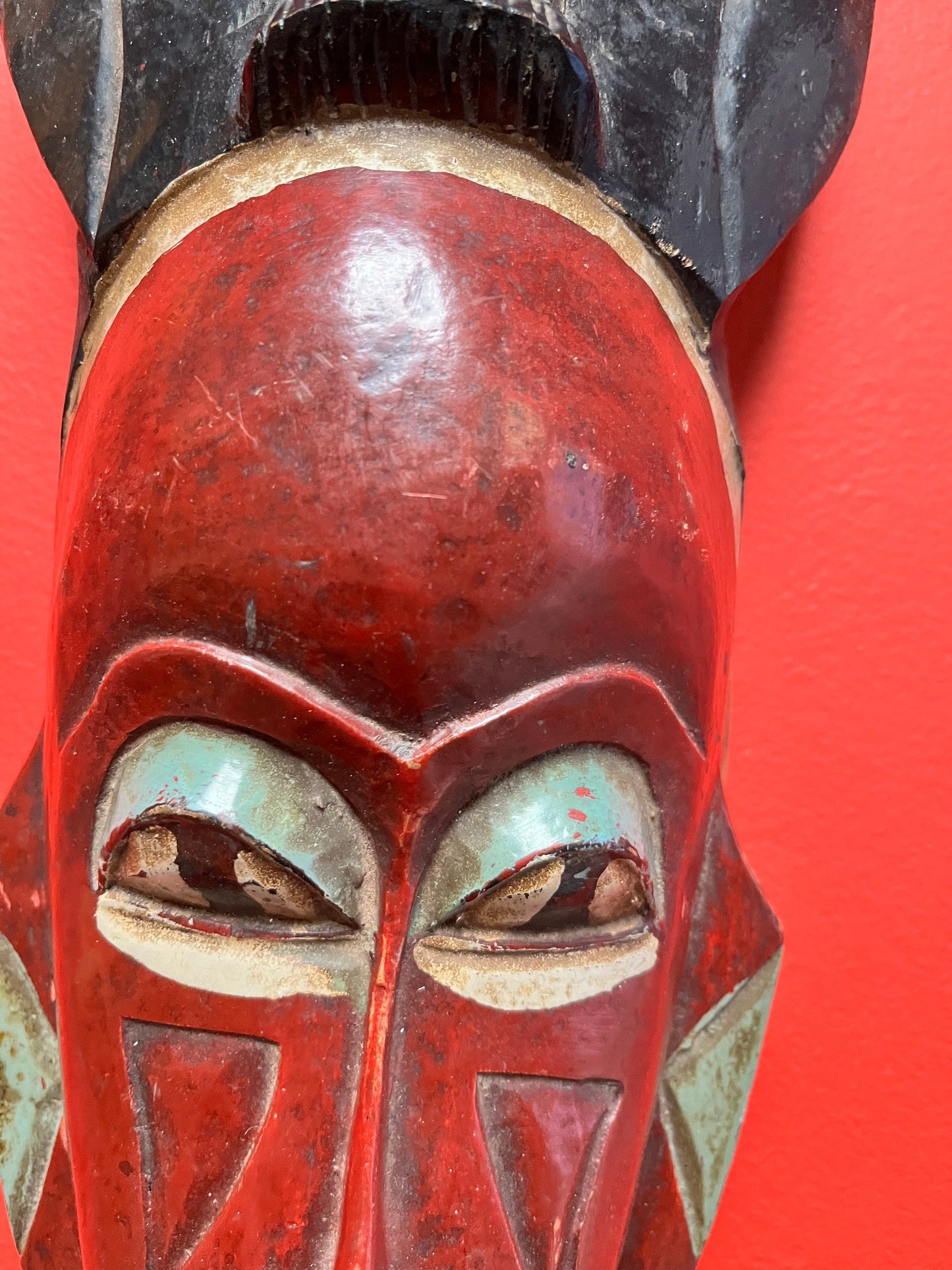 Fabulous antique African polychrome painted ceremonial mask  wonderful Patina  16 inches tall - wow