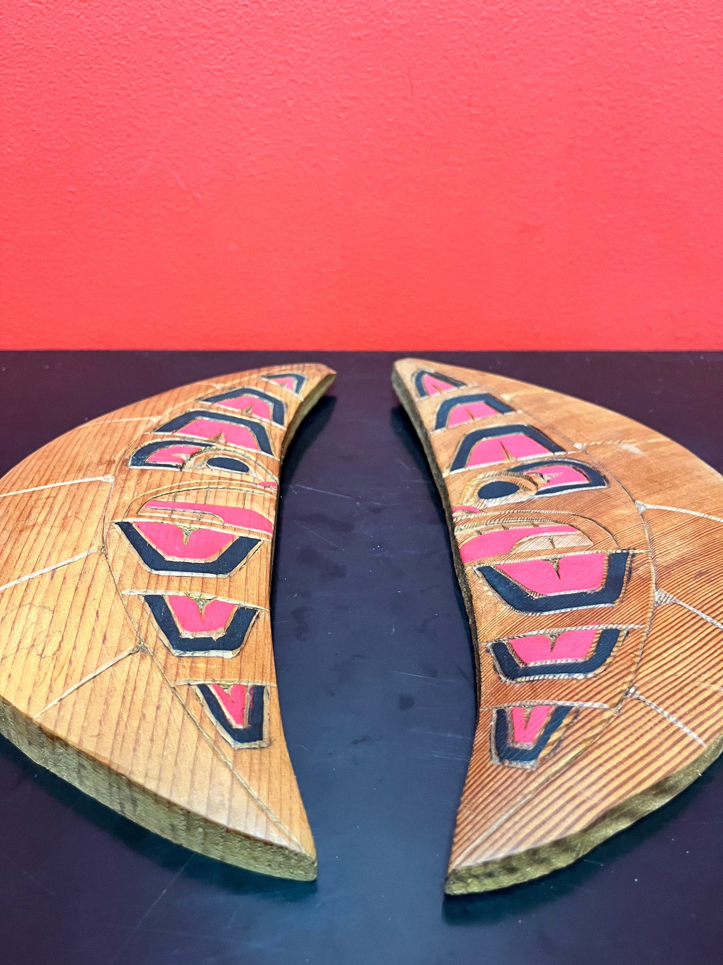 Superb pair 11 x 5 inch moon plaques  indigenous First Nations Pacific Northwest coast  great value