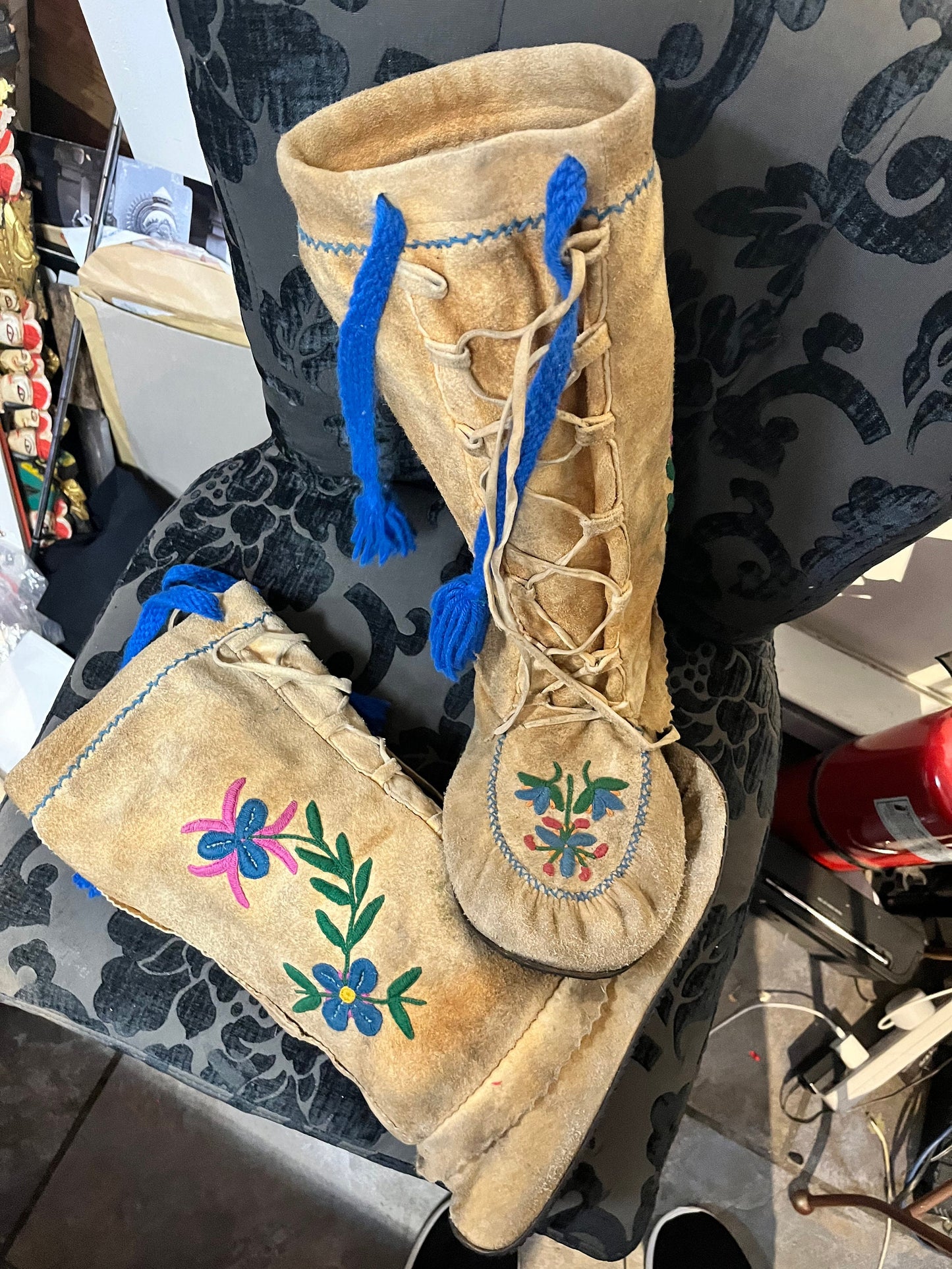 12 x 16 high indigenous east coast, Canadian Iroquois antique leather and felt stunning moccasin boots with new rubber soles - wow