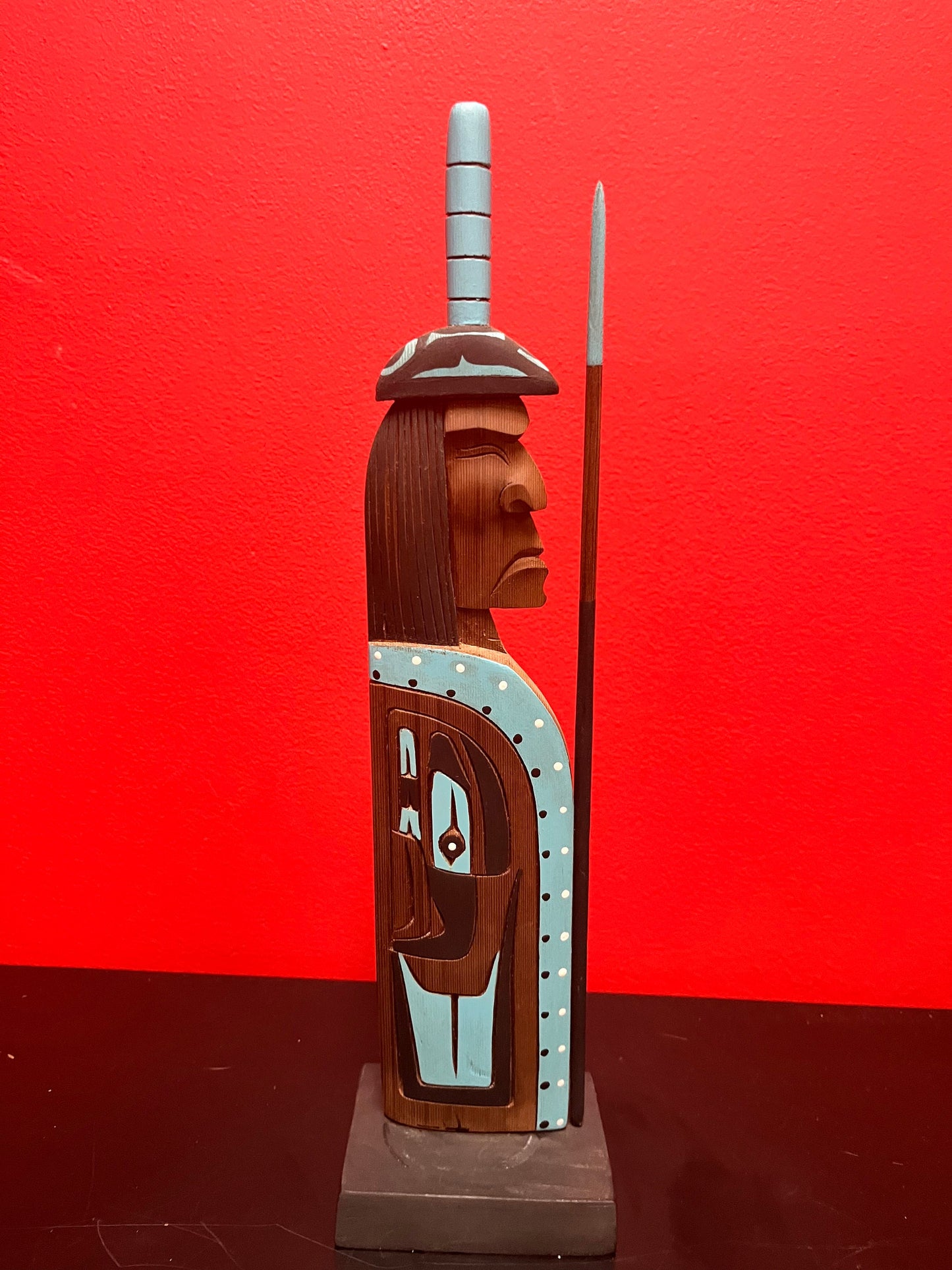 Masterful and beautiful, indigenous first Nations pacific northwest coast signed painted cedar statue of a chief - wow - 15 inches tall