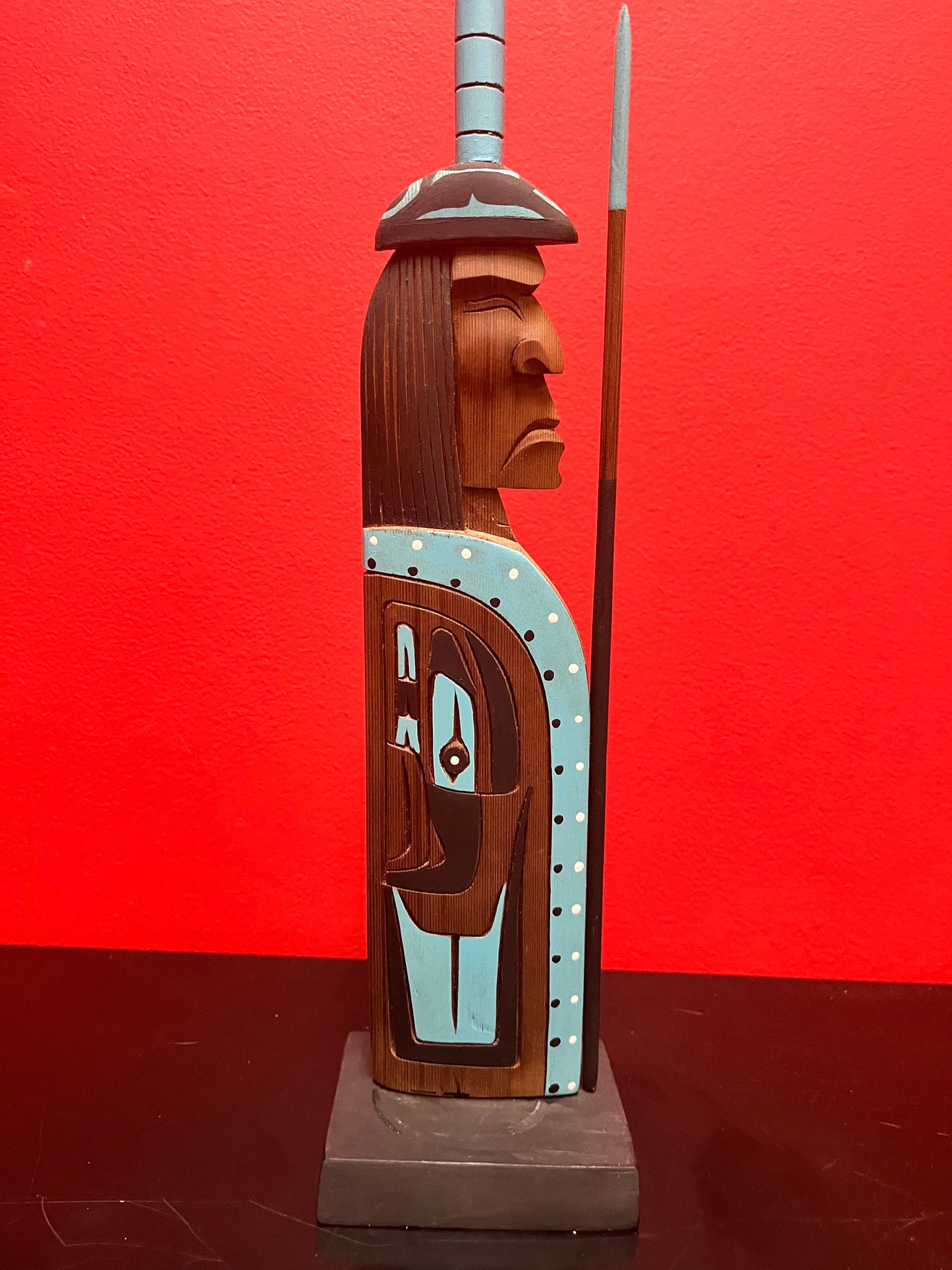 Masterful and beautiful, indigenous first Nations pacific northwest coast signed painted cedar statue of a chief - wow - 15 inches tall