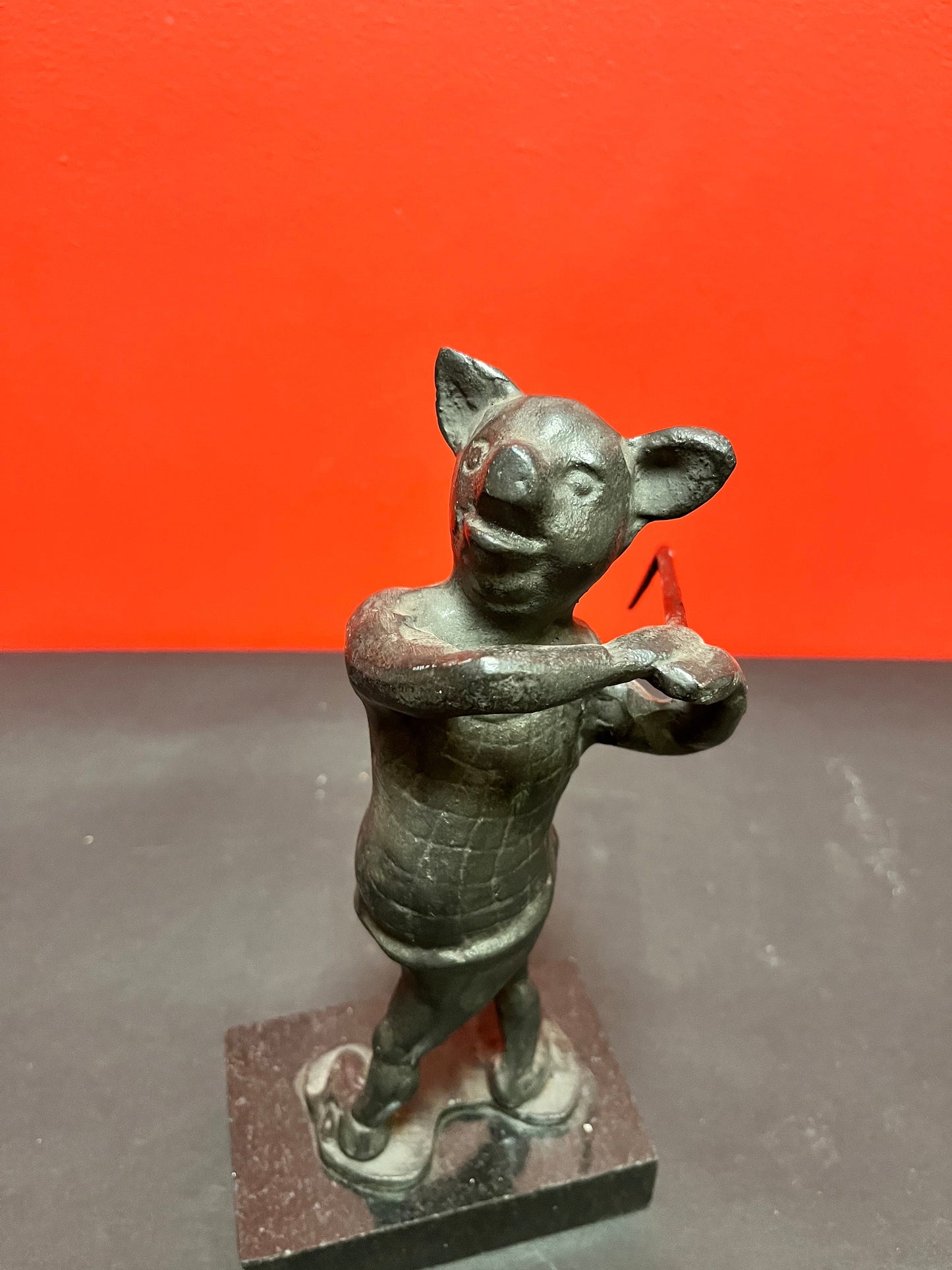 9 x 4 stunning antique bronze golfing pig on marble stand   wonderful patina in great condition really wow wow