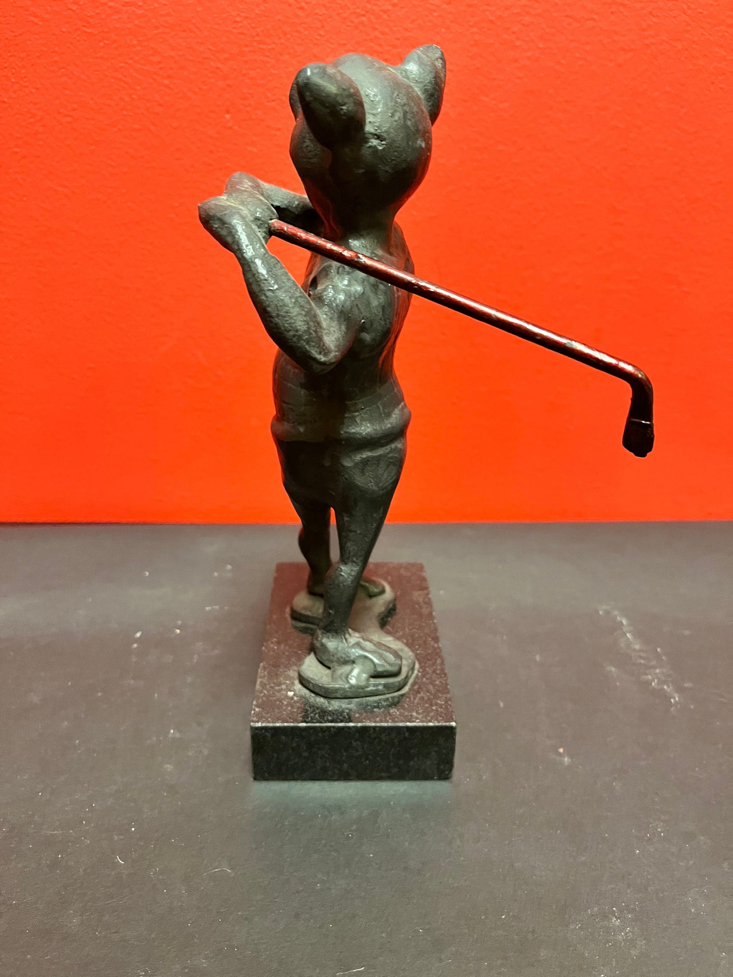 9 x 4 stunning antique bronze golfing pig on marble stand   wonderful patina in great condition really wow wow