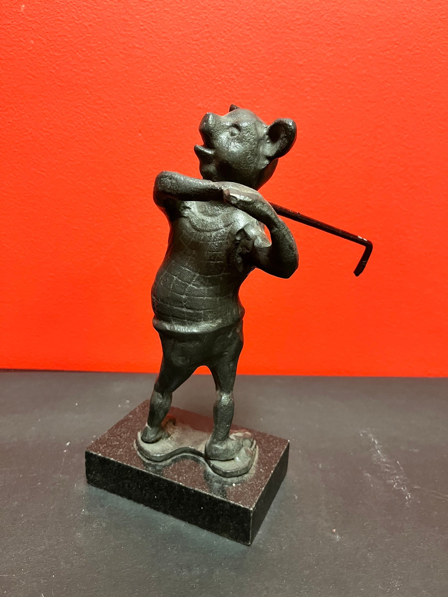 9 x 4 stunning antique bronze golfing pig on marble stand   wonderful patina in great condition really wow wow