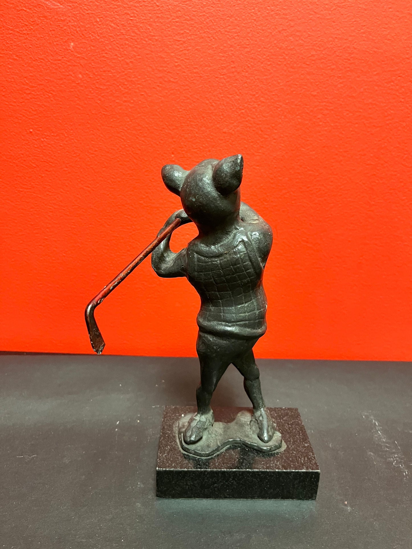 9 x 4 stunning antique bronze golfing pig on marble stand   wonderful patina in great condition really wow wow