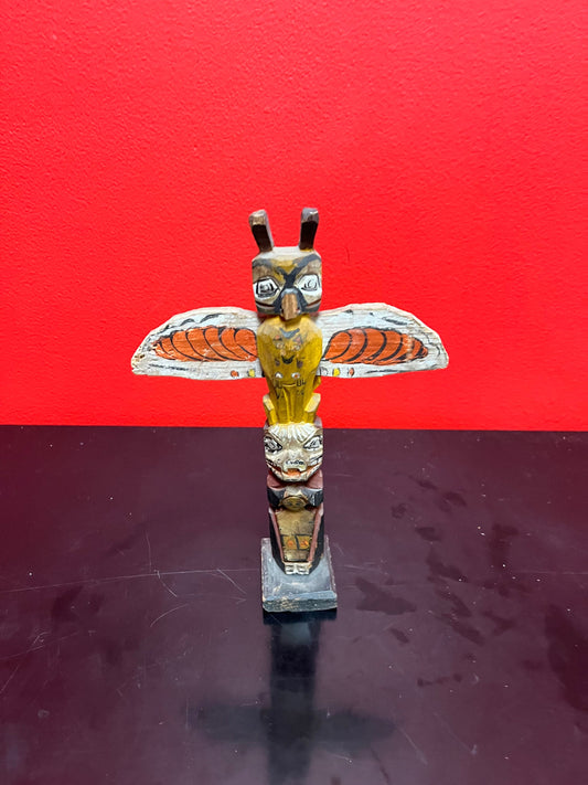 Very unusual antique indigenous, first nations, Pacific Northwest coast, polychrome painted owl transformation, totem pole! 9 inches