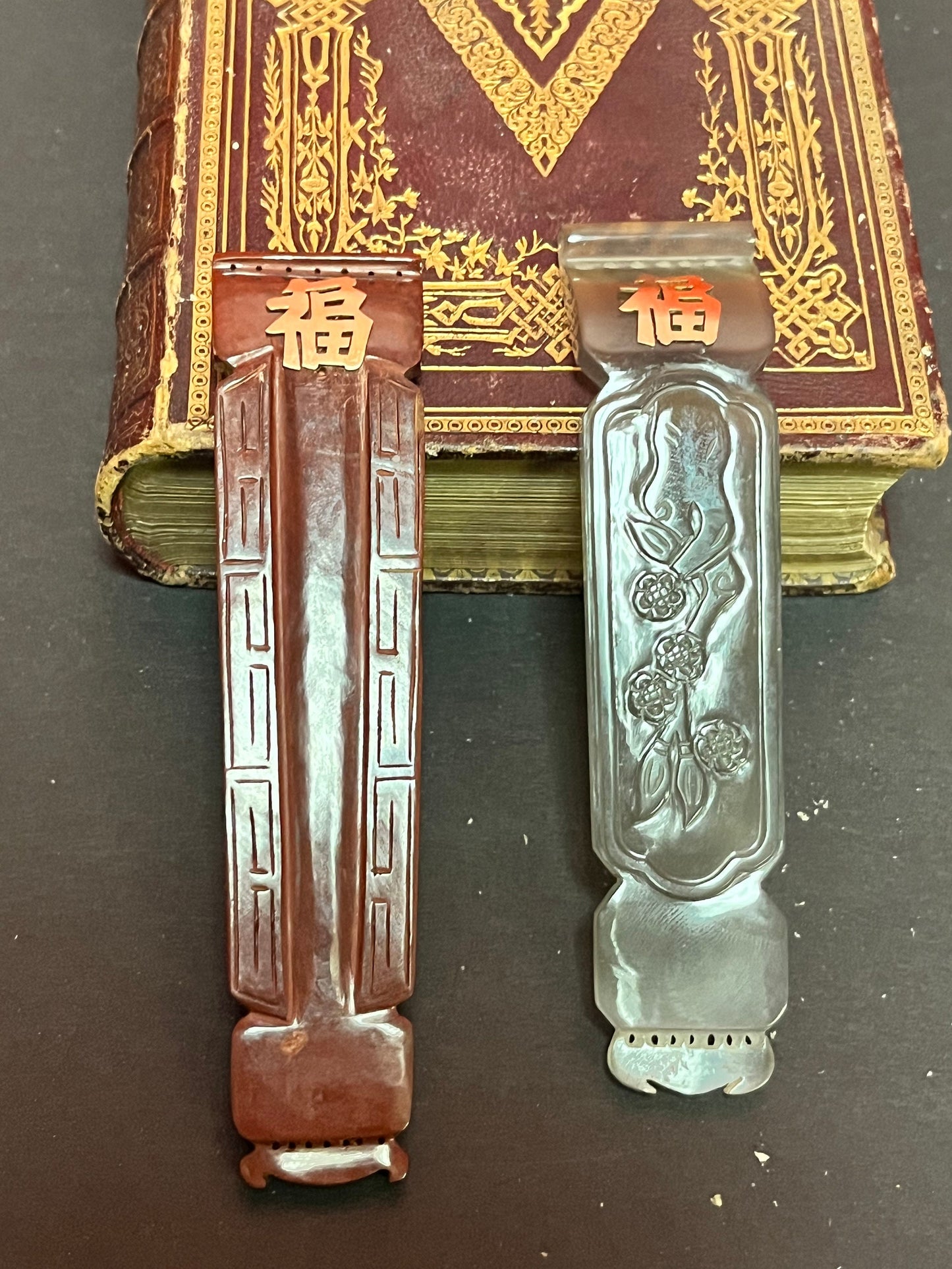 Pair museum quality rare Chinese agate scroll holders with real gold  wow  4.5 inches long.