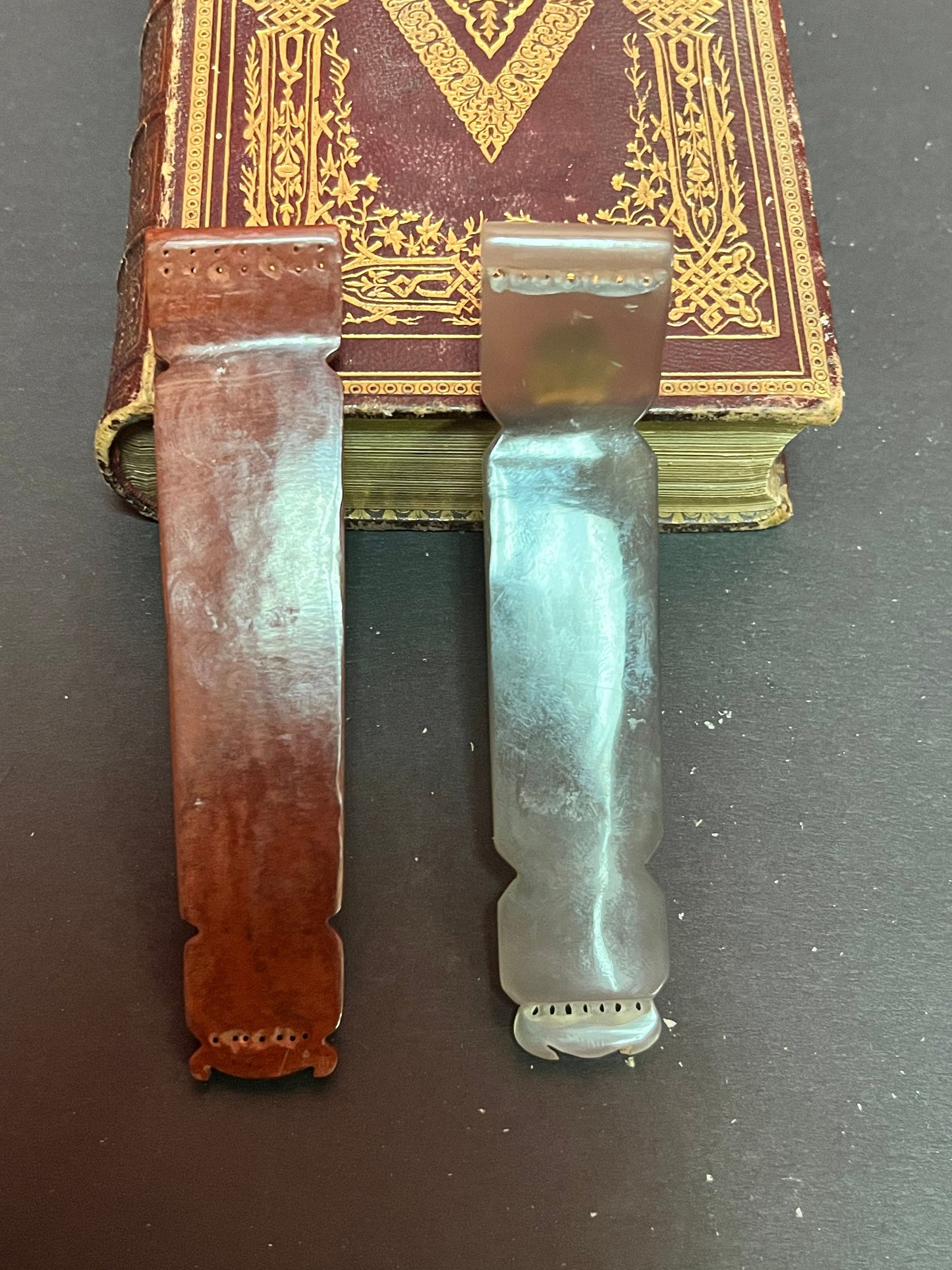 Pair museum quality rare Chinese agate scroll holders with real gold  wow  4.5 inches long.