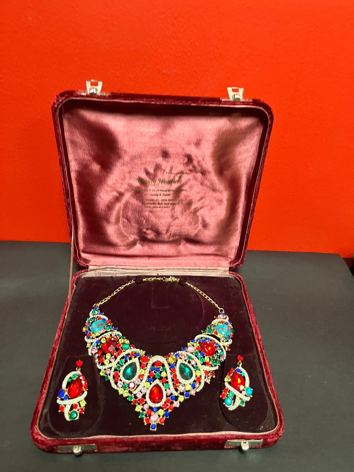 Spectacular approx 16 inch long rhinestone necklace with matching earrings in original fancy box  perfect gift