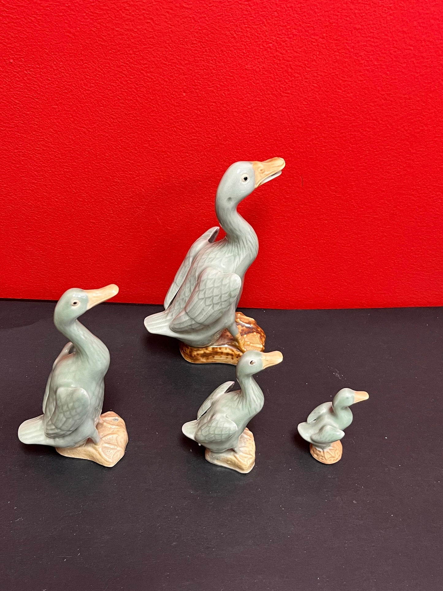 Set 4 Chinese  celadon ducks  biggest signed  3 to 9 inches tall