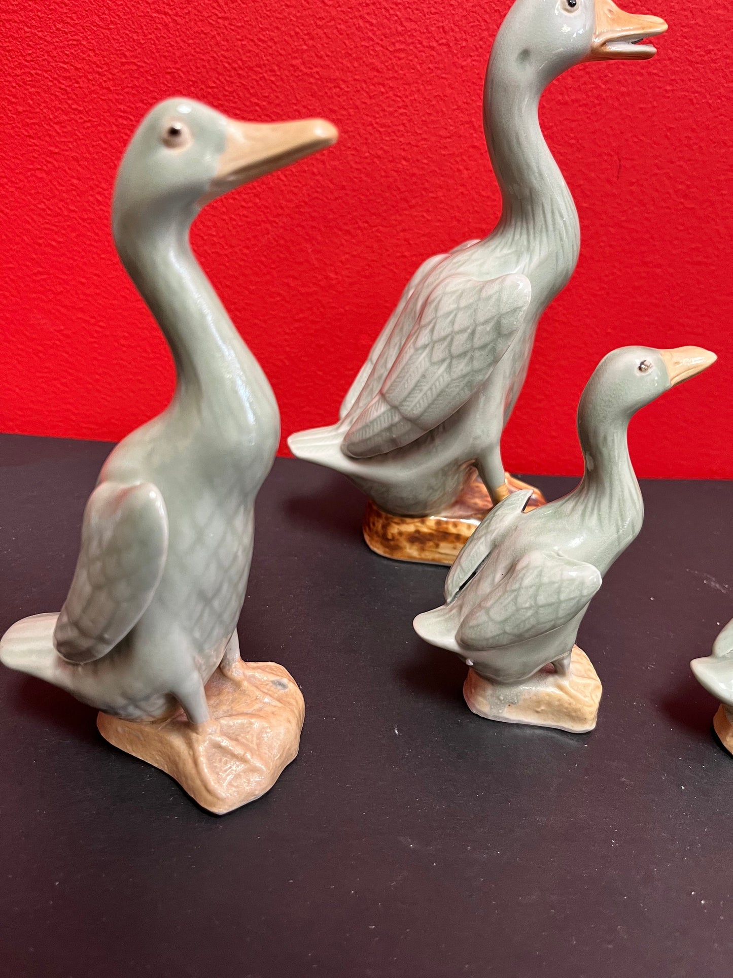 Set 4 Chinese  celadon ducks  biggest signed  3 to 9 inches tall