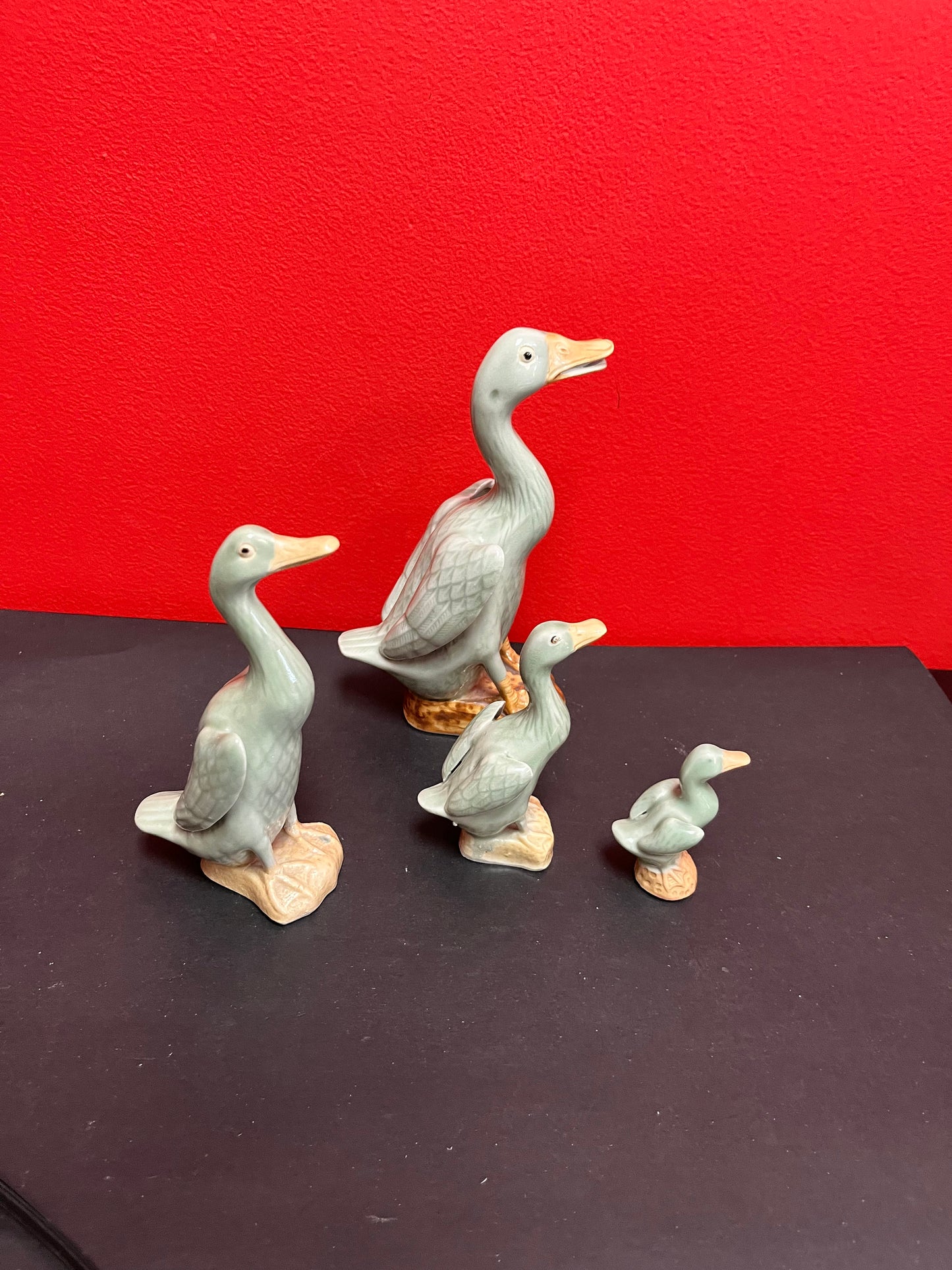 Set 4 Chinese  celadon ducks  biggest signed  3 to 9 inches tall