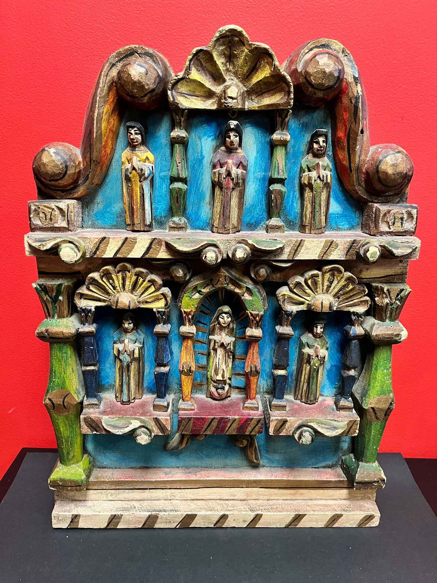 Stunning south American museum  quality antique super old religious shrine or wall hanging  22 x 15 x 3-  wonderful polychrome piece