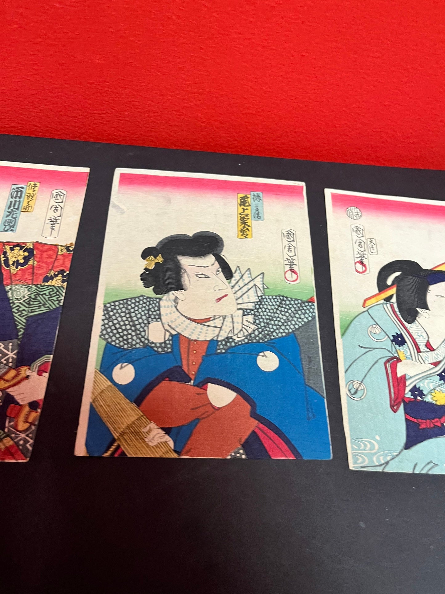 Utagawa kunichika 1835 - 1900 silk panels  3  geisha  - each approximate 7 by 4.5 inches  rare set