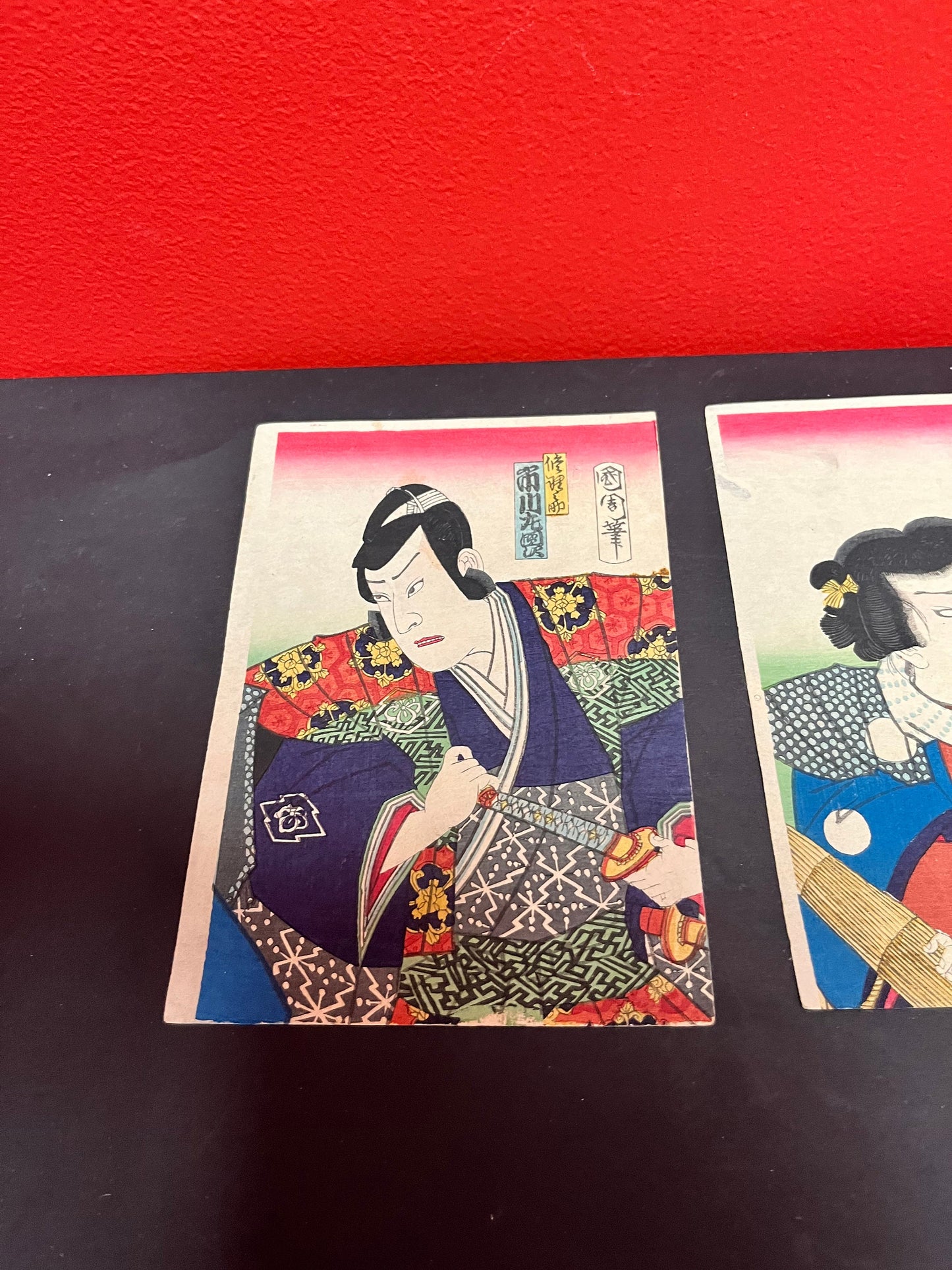 Utagawa kunichika 1835 - 1900 silk panels  3  geisha  - each approximate 7 by 4.5 inches  rare set