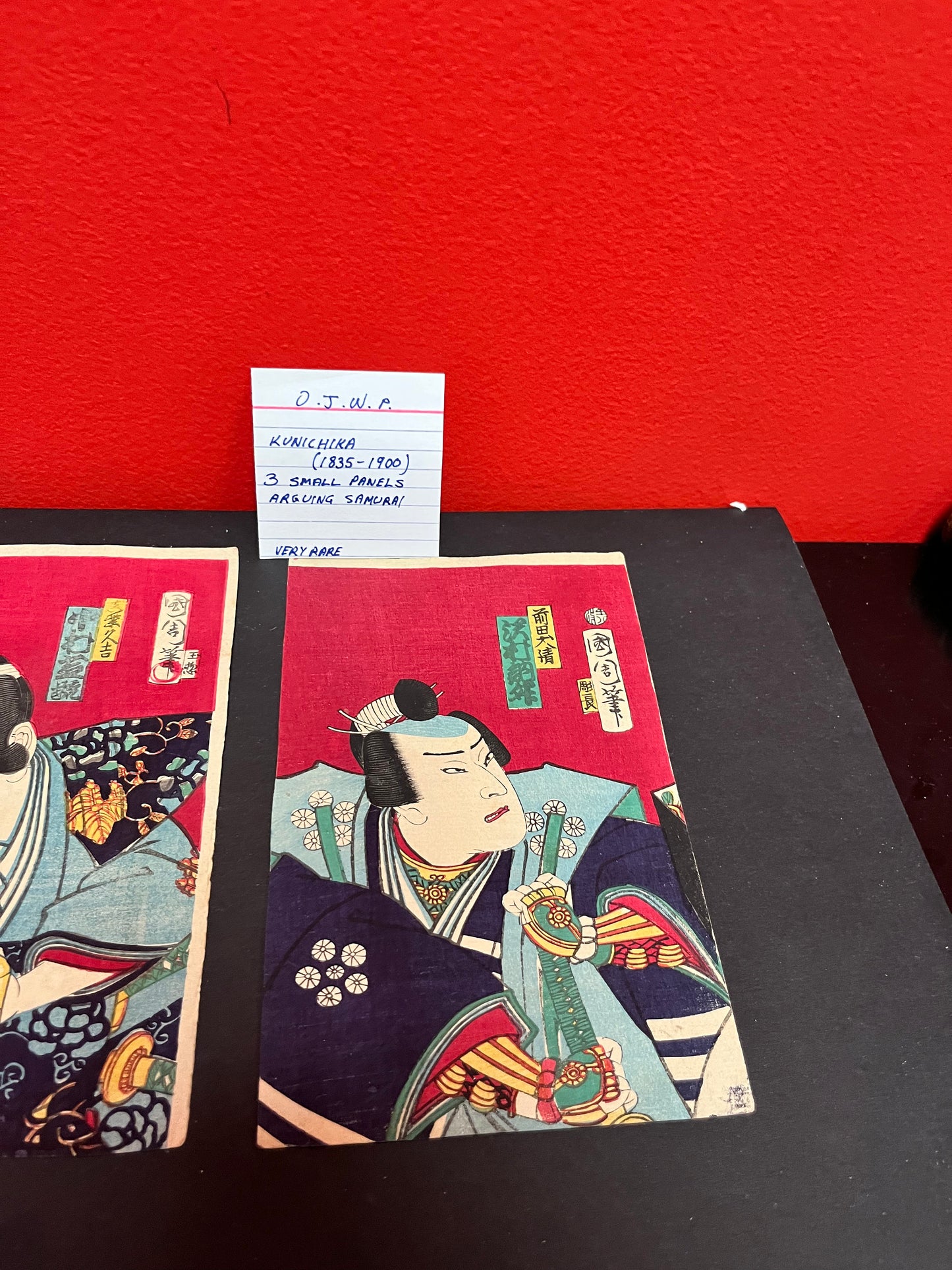 Utagawa kunichika 1835 - 1900 silk panels  3  arguing samurai - each approximate 8 by 4 inches  rare set