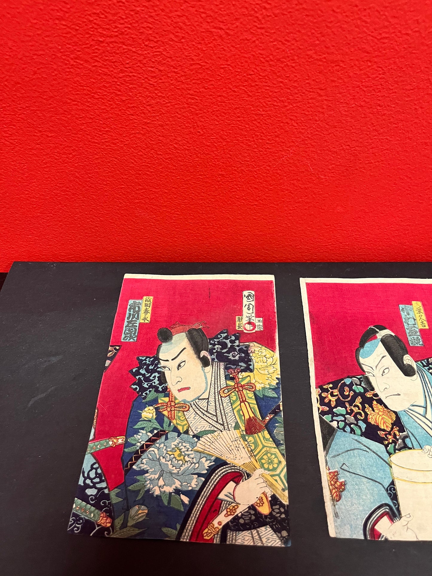 Utagawa kunichika 1835 - 1900 silk panels  3  arguing samurai - each approximate 8 by 4 inches  rare set