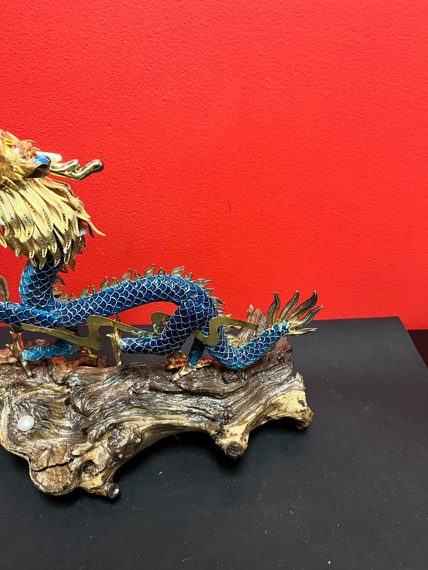 Antique Chinese 11 x 11 very well detailed cloisonné dragon on wooden base with pearl  good condition and heavy quality