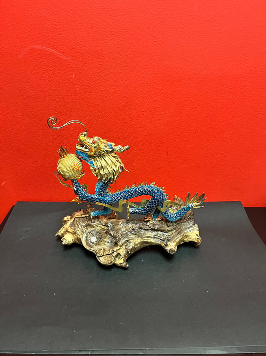 Antique Chinese 11 x 11 very well detailed cloisonné dragon on wooden base with pearl  good condition and heavy quality