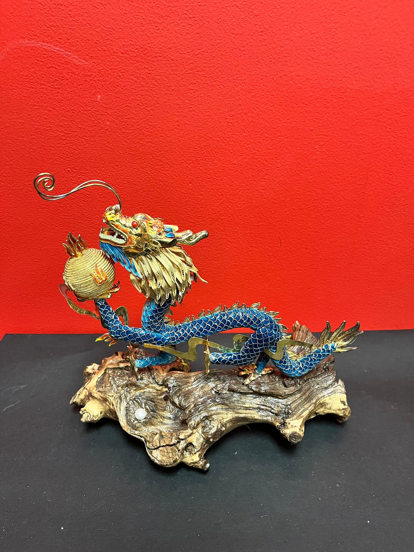 Antique Chinese 11 x 11 very well detailed cloisonné dragon on wooden base with pearl  good condition and heavy quality