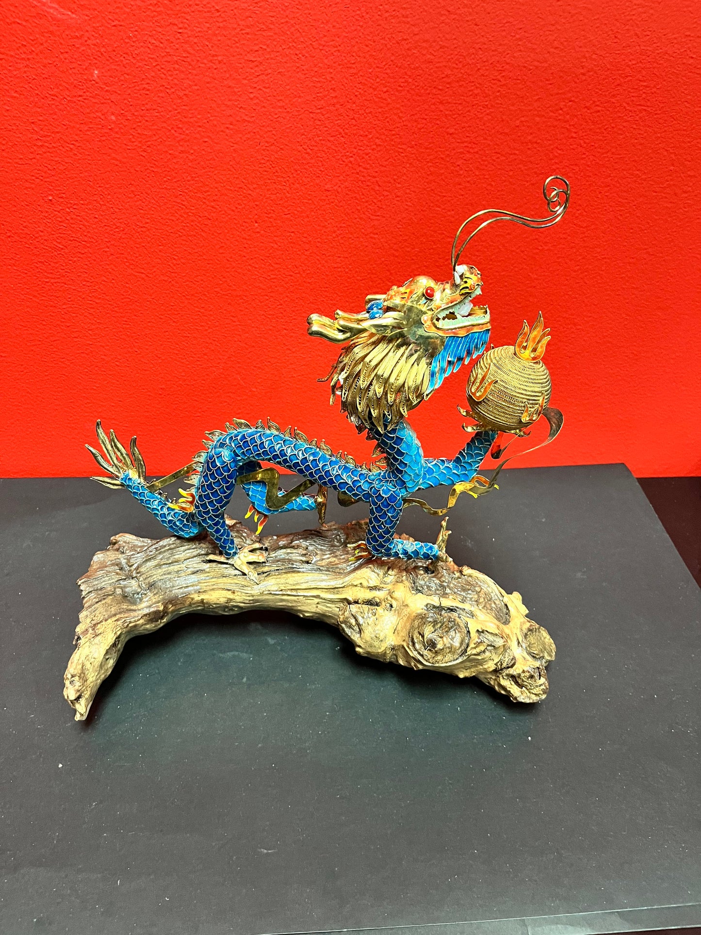 Antique Chinese 11 x 11 very well detailed cloisonné dragon on wooden base with pearl  good condition and heavy quality