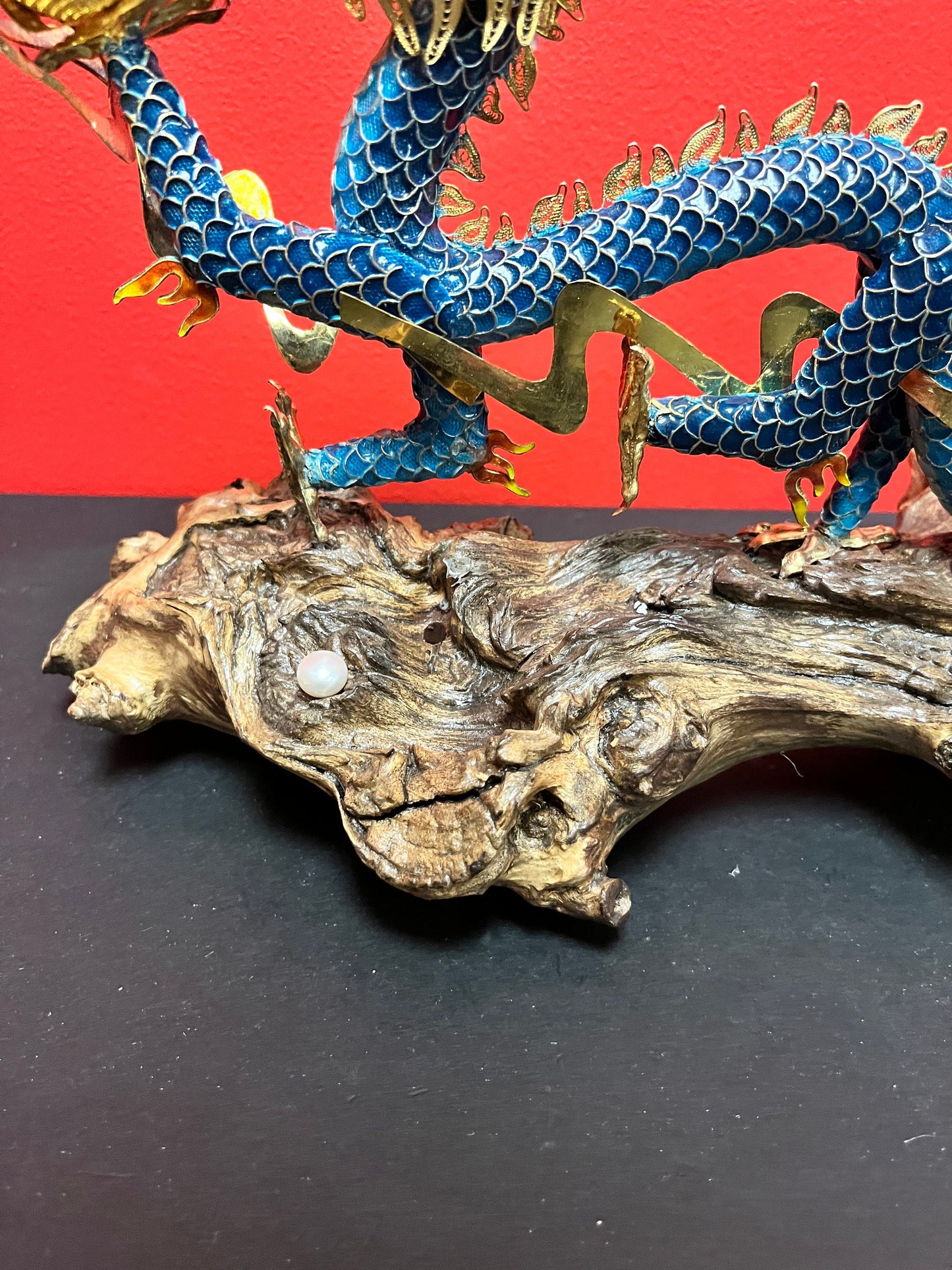 Antique Chinese 11 x 11 very well detailed cloisonné dragon on wooden base with pearl  good condition and heavy quality