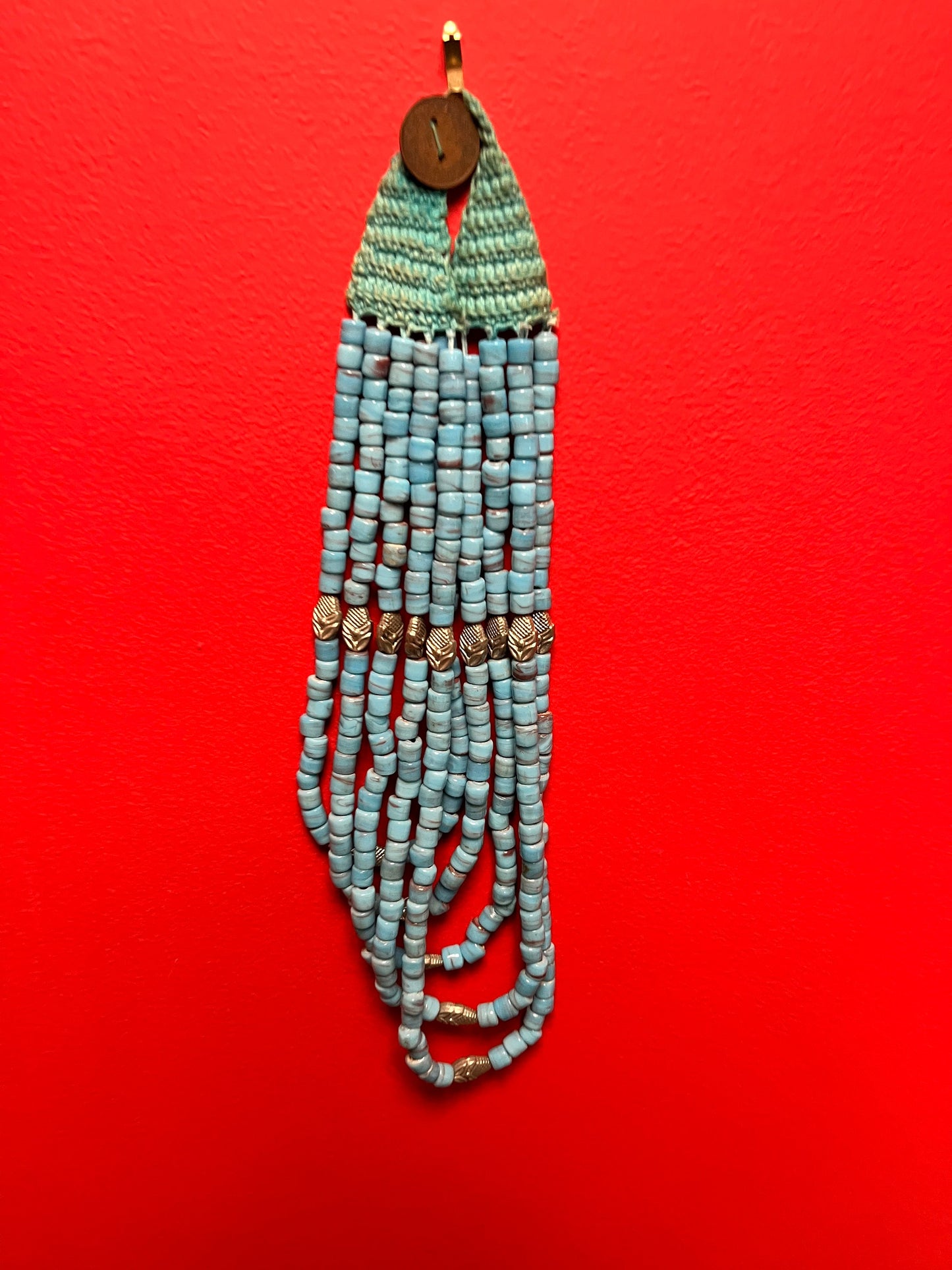 1940s Indian glass bead  and silver and coin five Strand necklace, approximately 14 inches long when closed   wonderful quality