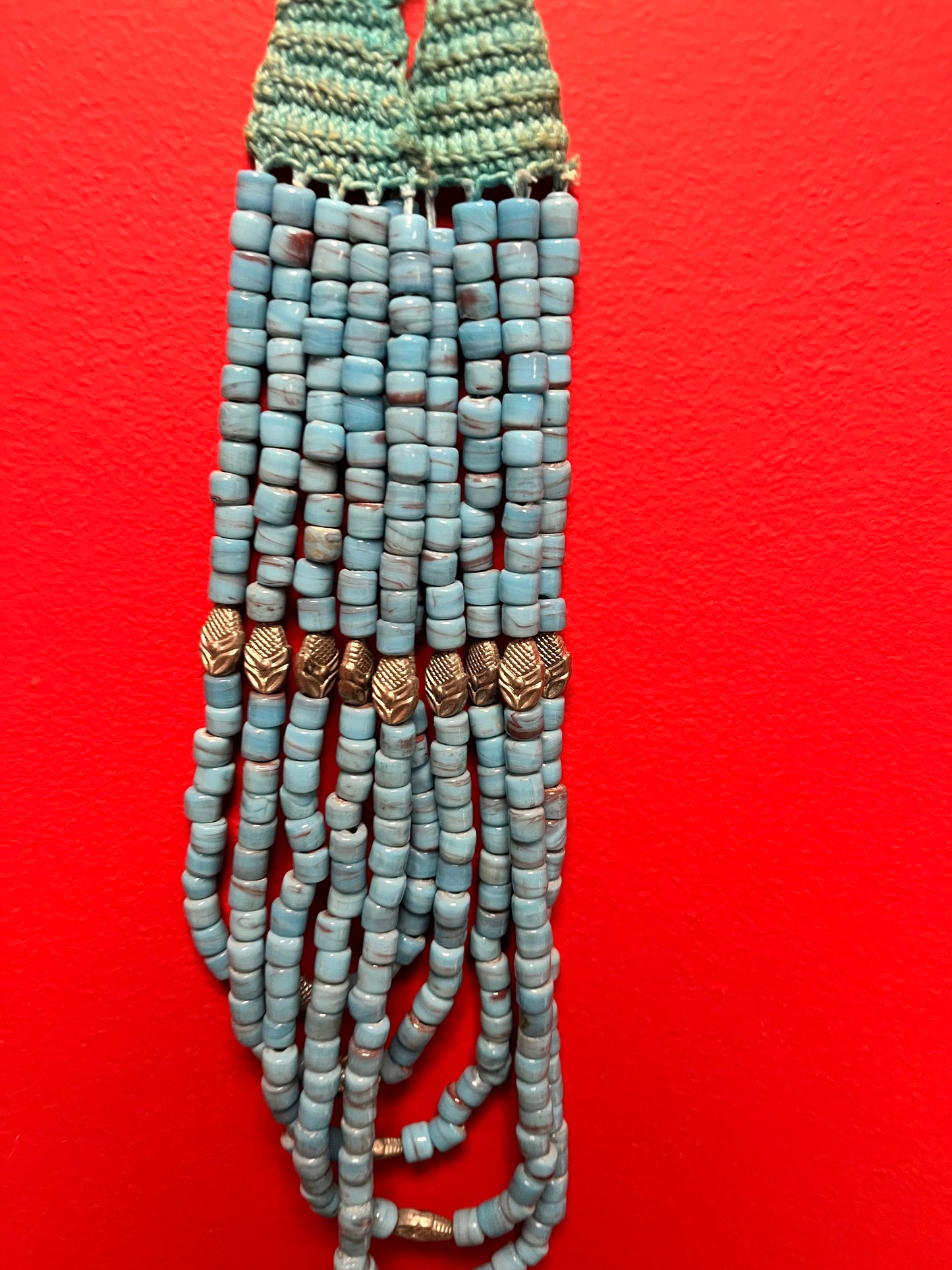 1940s Indian glass bead  and silver and coin five Strand necklace, approximately 14 inches long when closed   wonderful quality