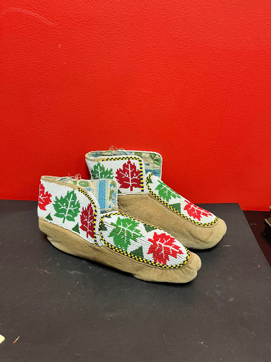 11 x 4 x 6 high fabulous antique indigenous, first Nations, Pacific Northwest coast, leather and heavily beaded moccasins some as is