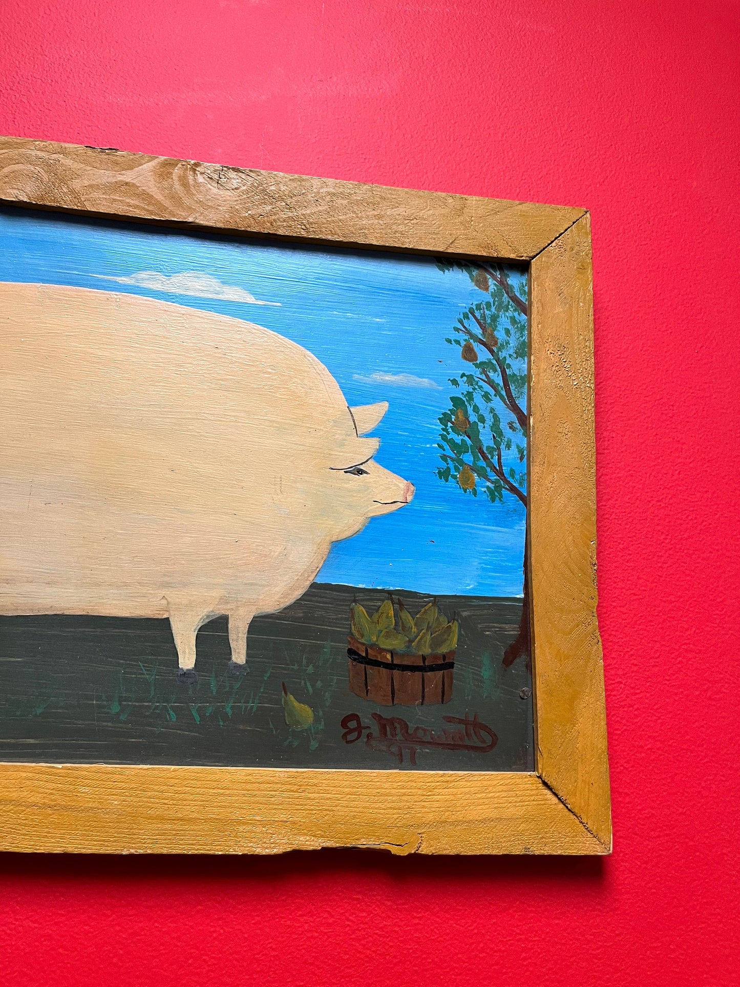 20 x 14 high late 20th century West Coast Canadian signed folk art piggy painting on board  farm cool