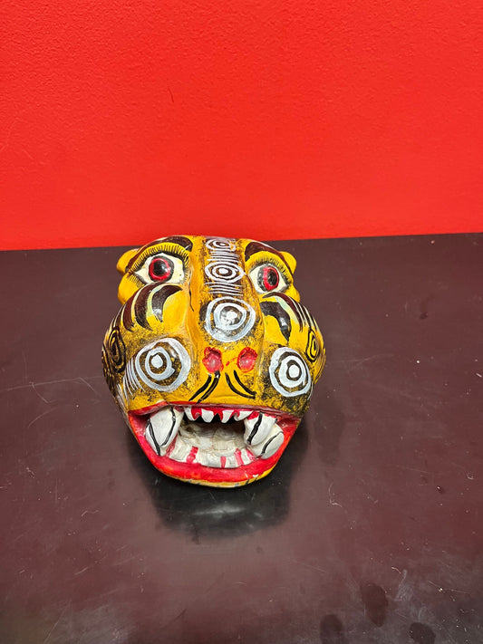 Fabulous 7 inch tall antique South American tribal wooden cat mask  wonderful detail and painting-