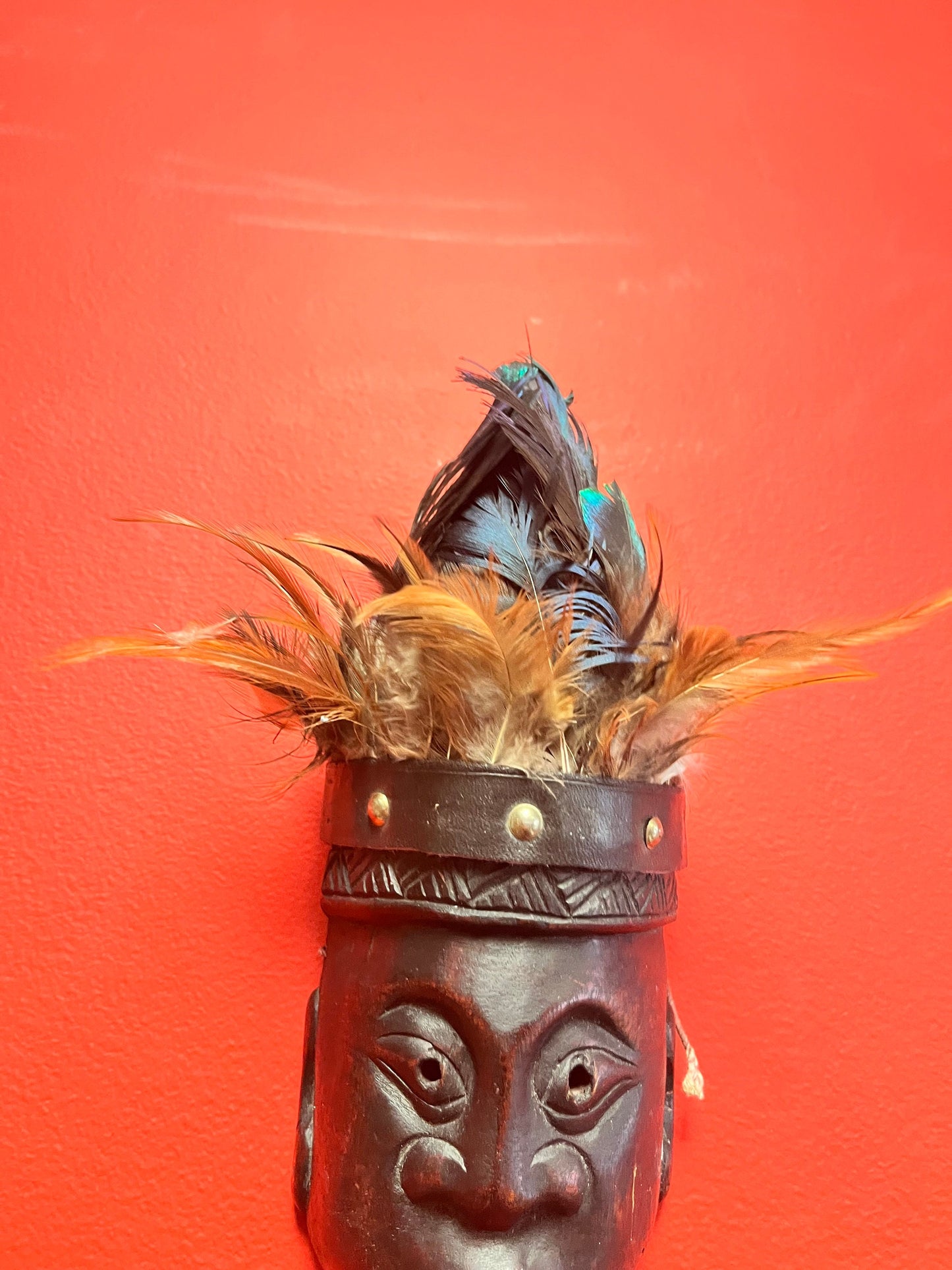 Crazy cool 10 inch high wood and peacock feather South Pacific island mask   10 inches tall