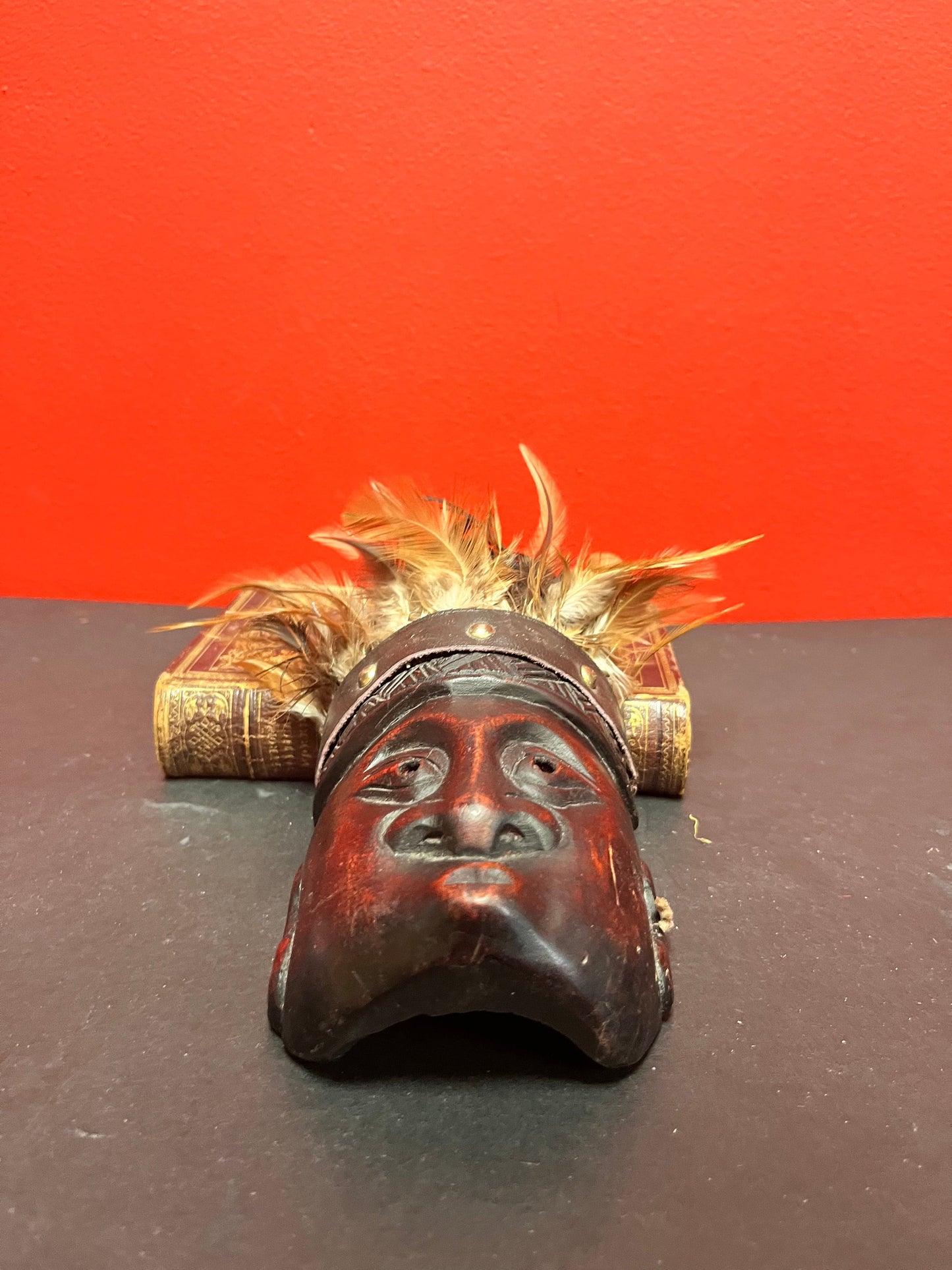 Crazy cool 10 inch high wood and peacock feather South Pacific island mask   10 inches tall