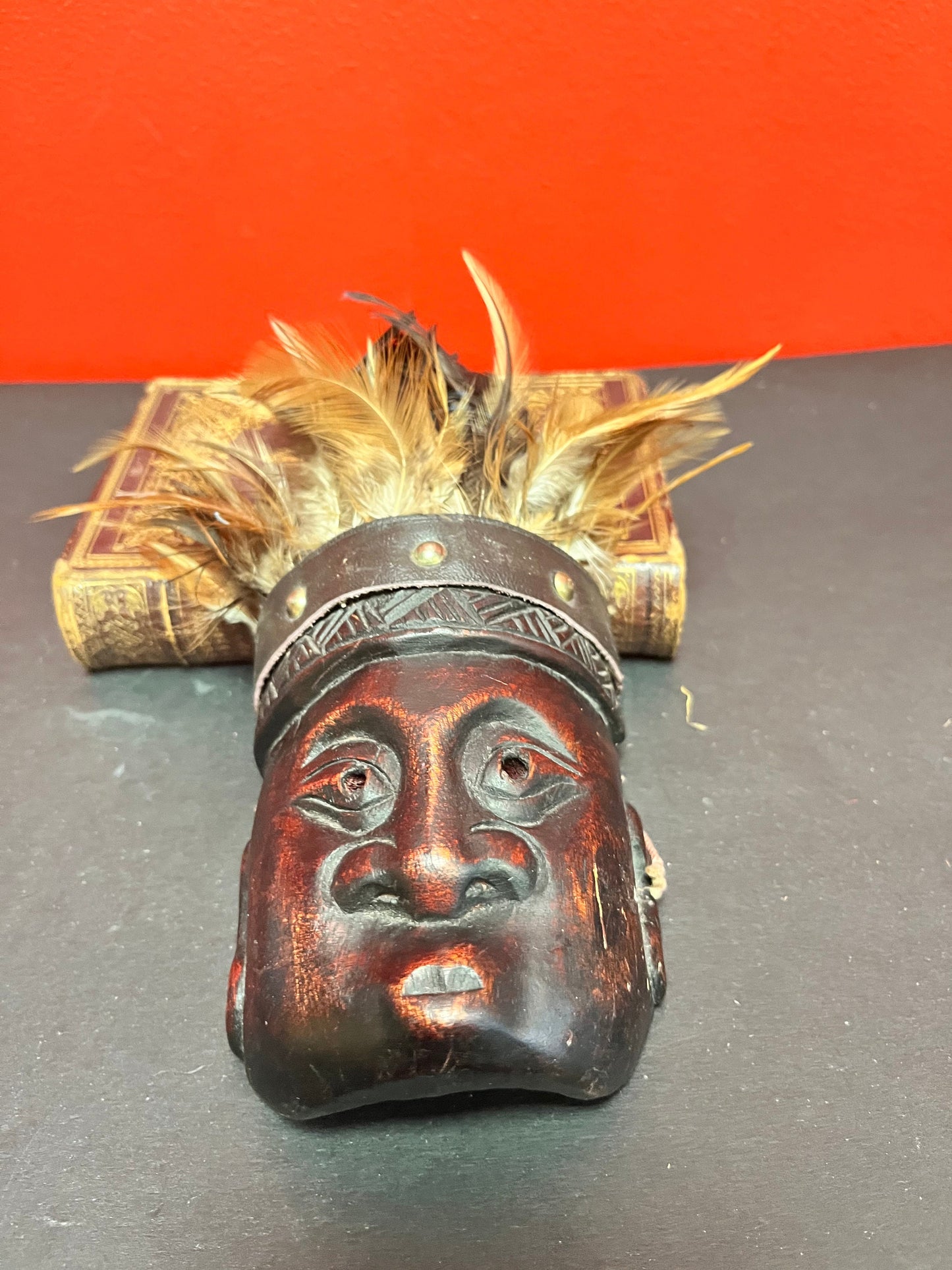 Crazy cool 10 inch high wood and peacock feather South Pacific island mask   10 inches tall