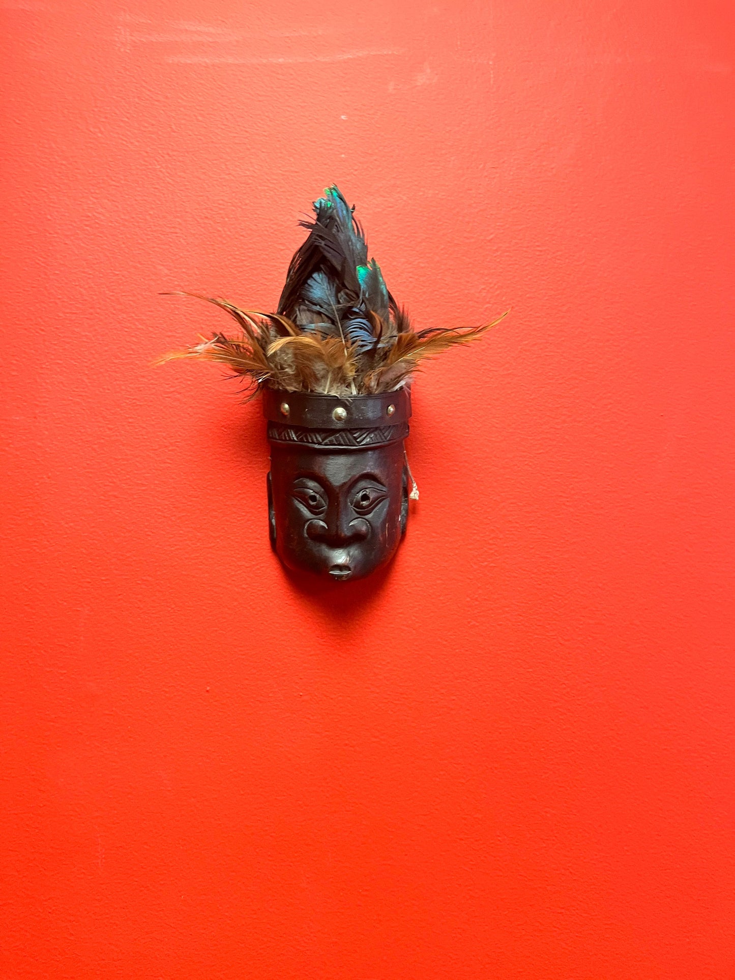 Crazy cool 10 inch high wood and peacock feather South Pacific island mask   10 inches tall