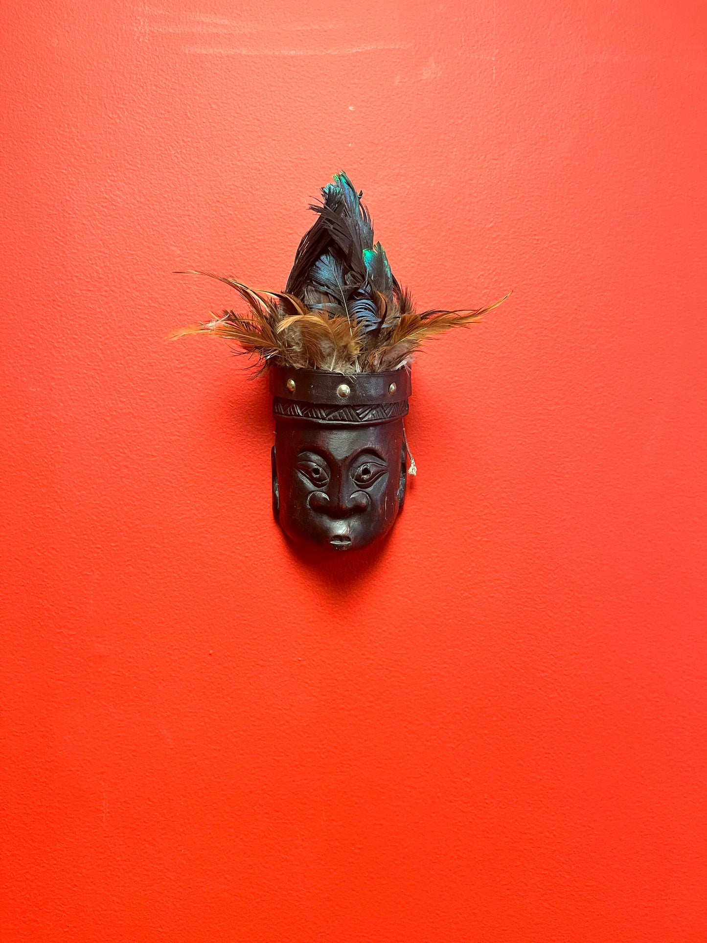 Crazy cool 10 inch high wood and peacock feather South Pacific island mask   10 inches tall