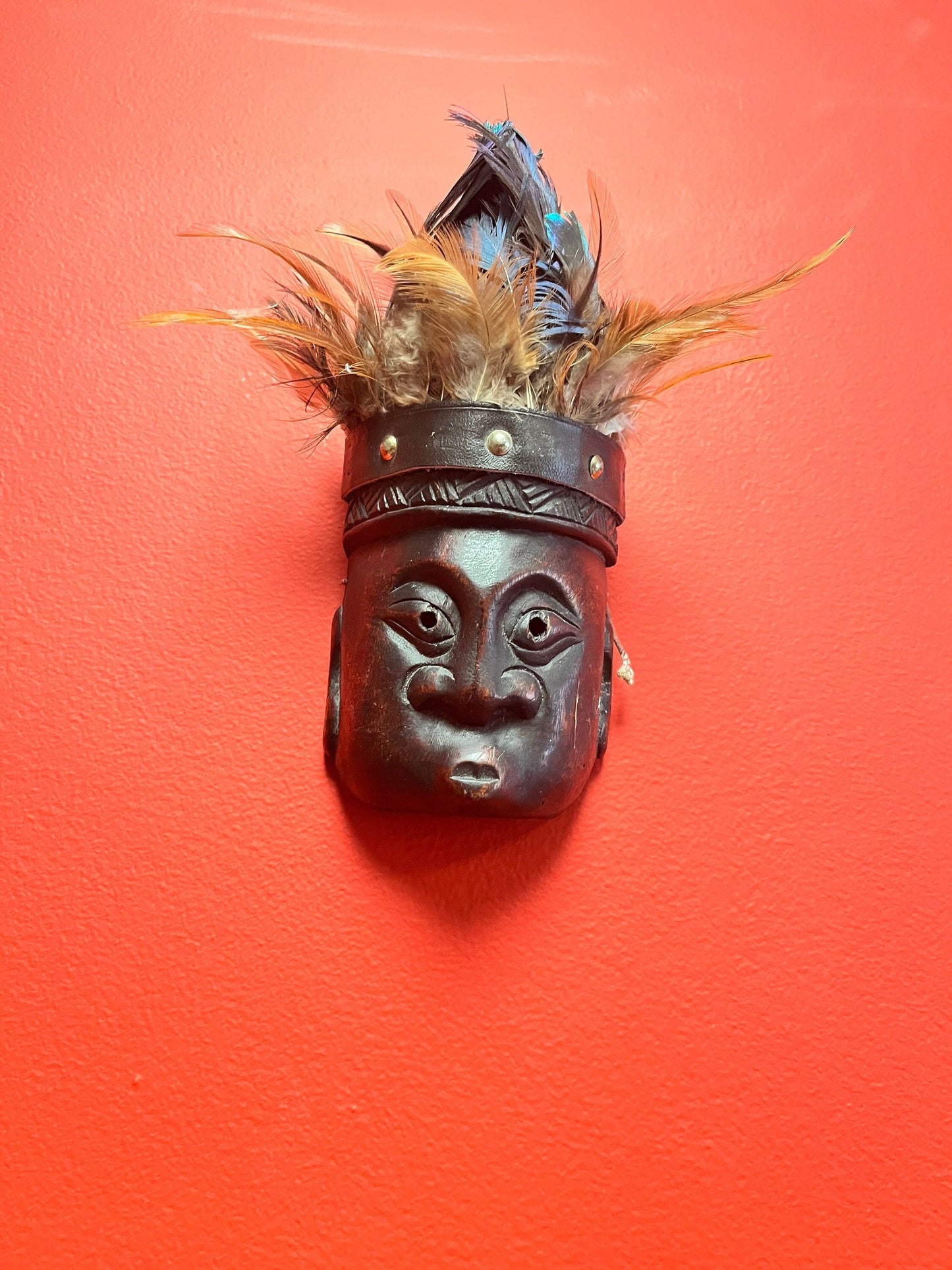 Crazy cool 10 inch high wood and peacock feather South Pacific island mask   10 inches tall