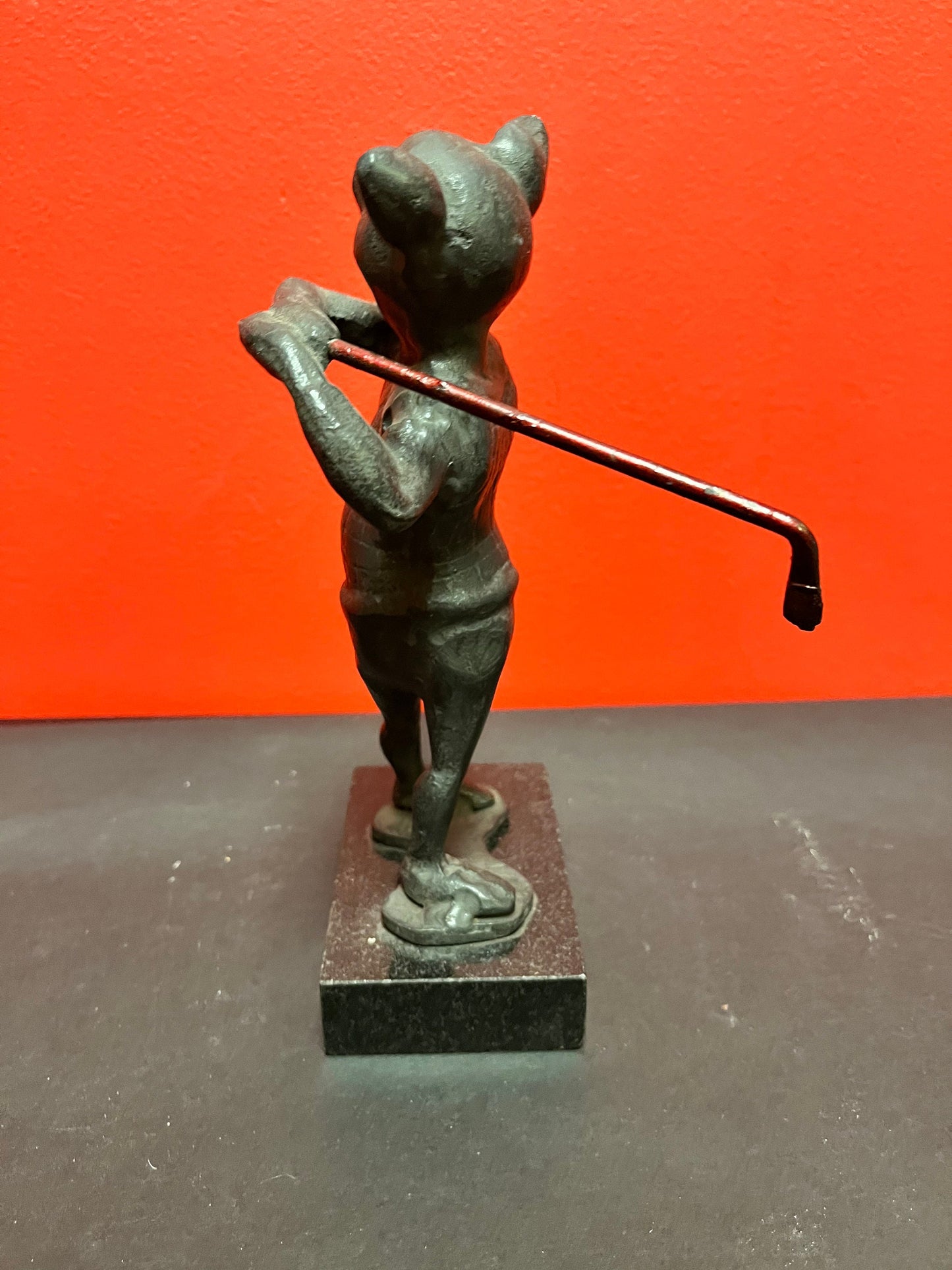 9 x 4 stunning antique bronze golfing pig on marble stand   wonderful patina in great condition really wow wow