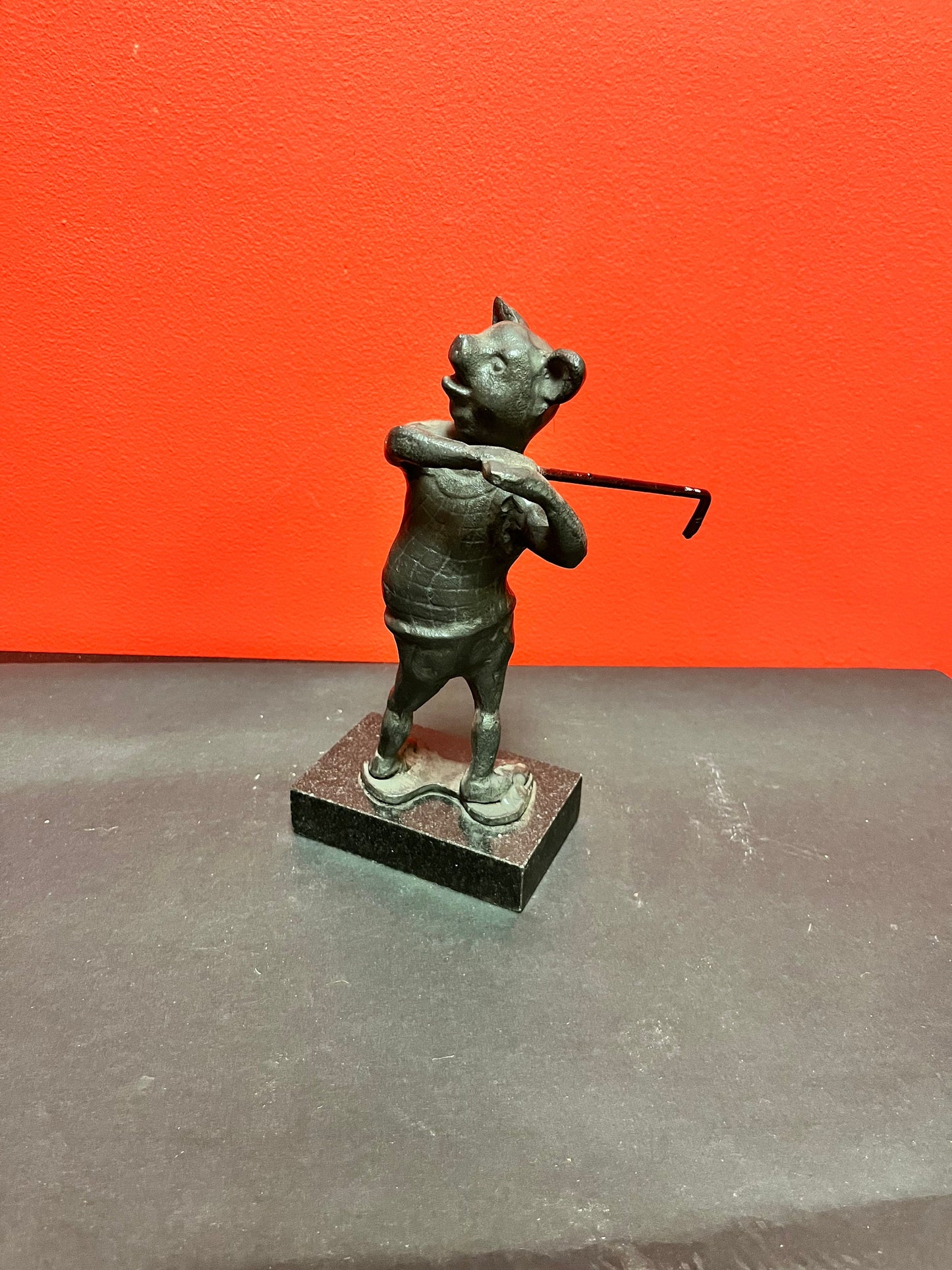 9 x 4 stunning antique bronze golfing pig on marble stand   wonderful patina in great condition really wow wow