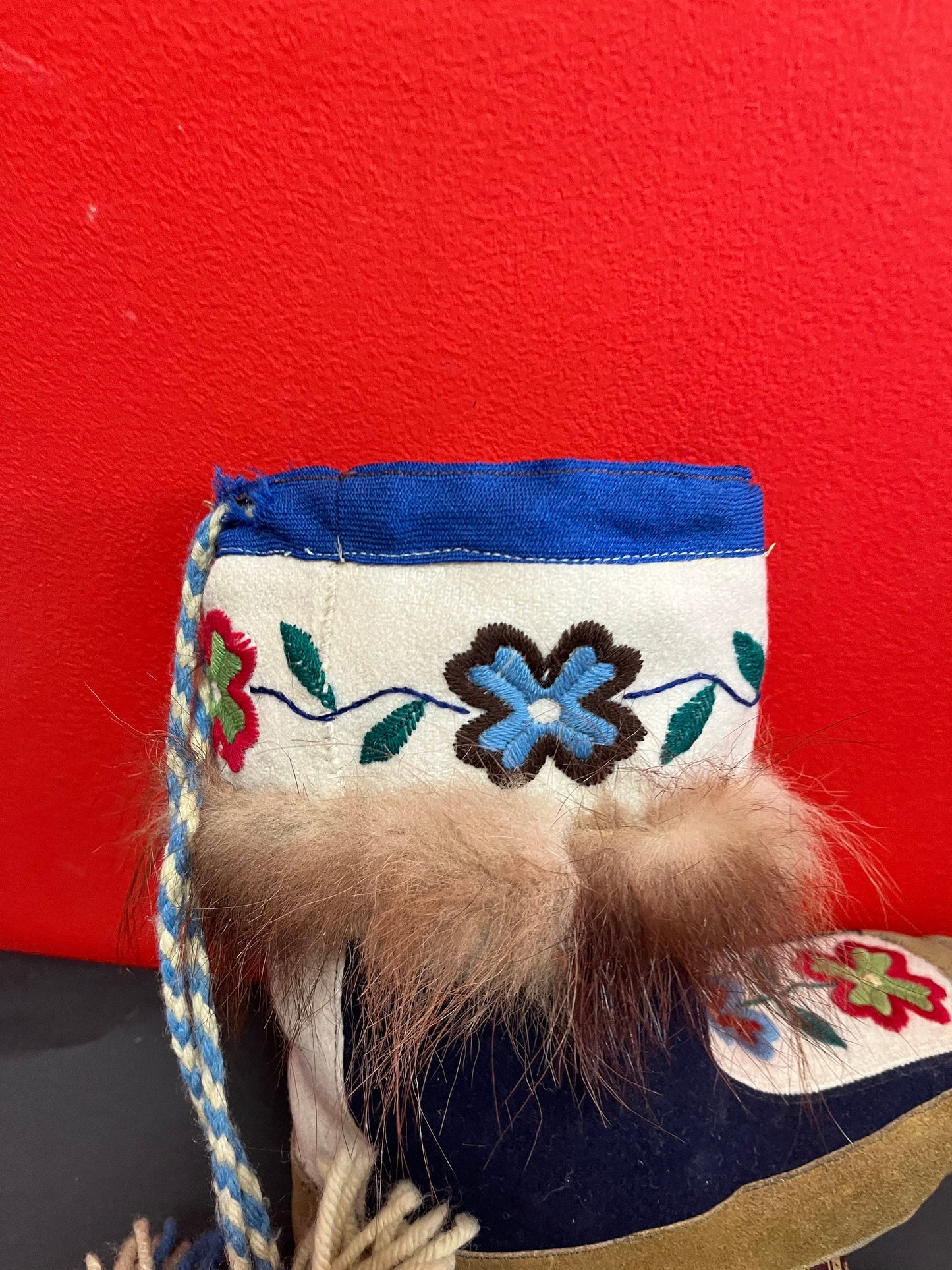 Fabulous indigenous 10 x 9 high authentic antique felt fur and leather moccasin boots  great condition