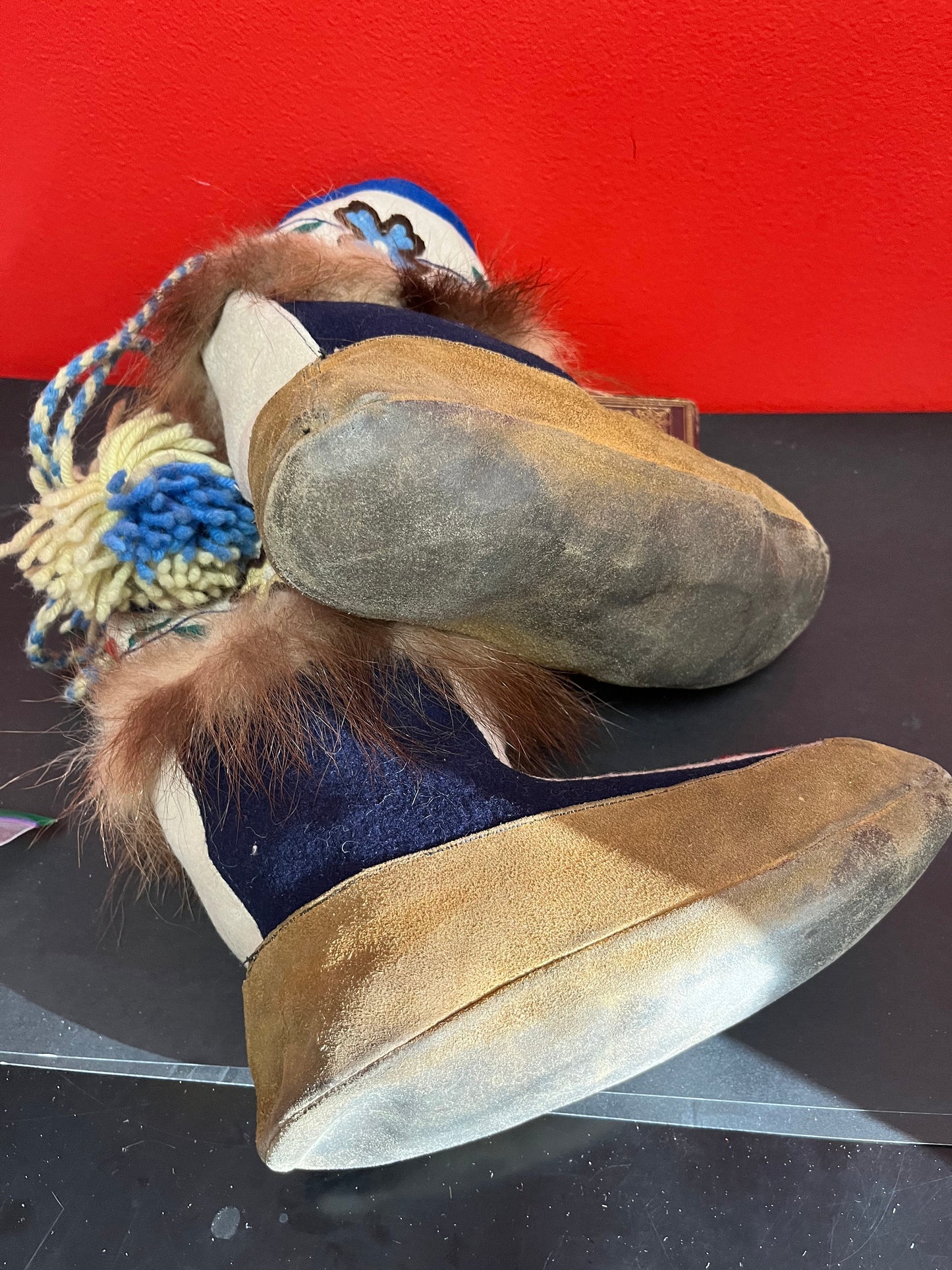 Fabulous indigenous 10 x 9 high authentic antique felt fur and leather moccasin boots  great condition