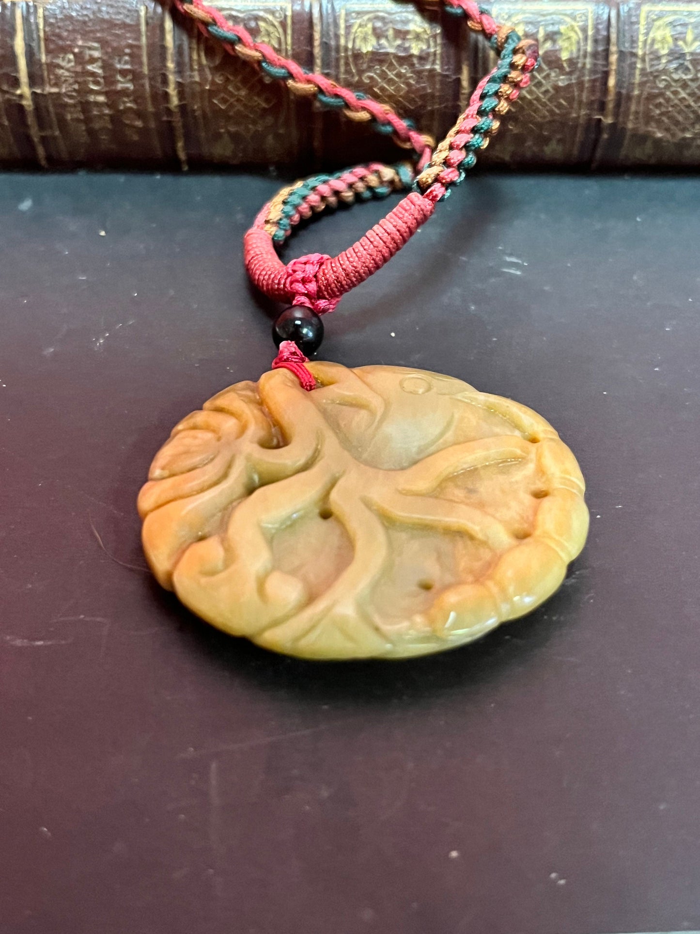 Fabulous old Chinese Jade 2 1/2 inch pendant depicting Koi fishes  24 inch Chinese necklace attached  lovely gift