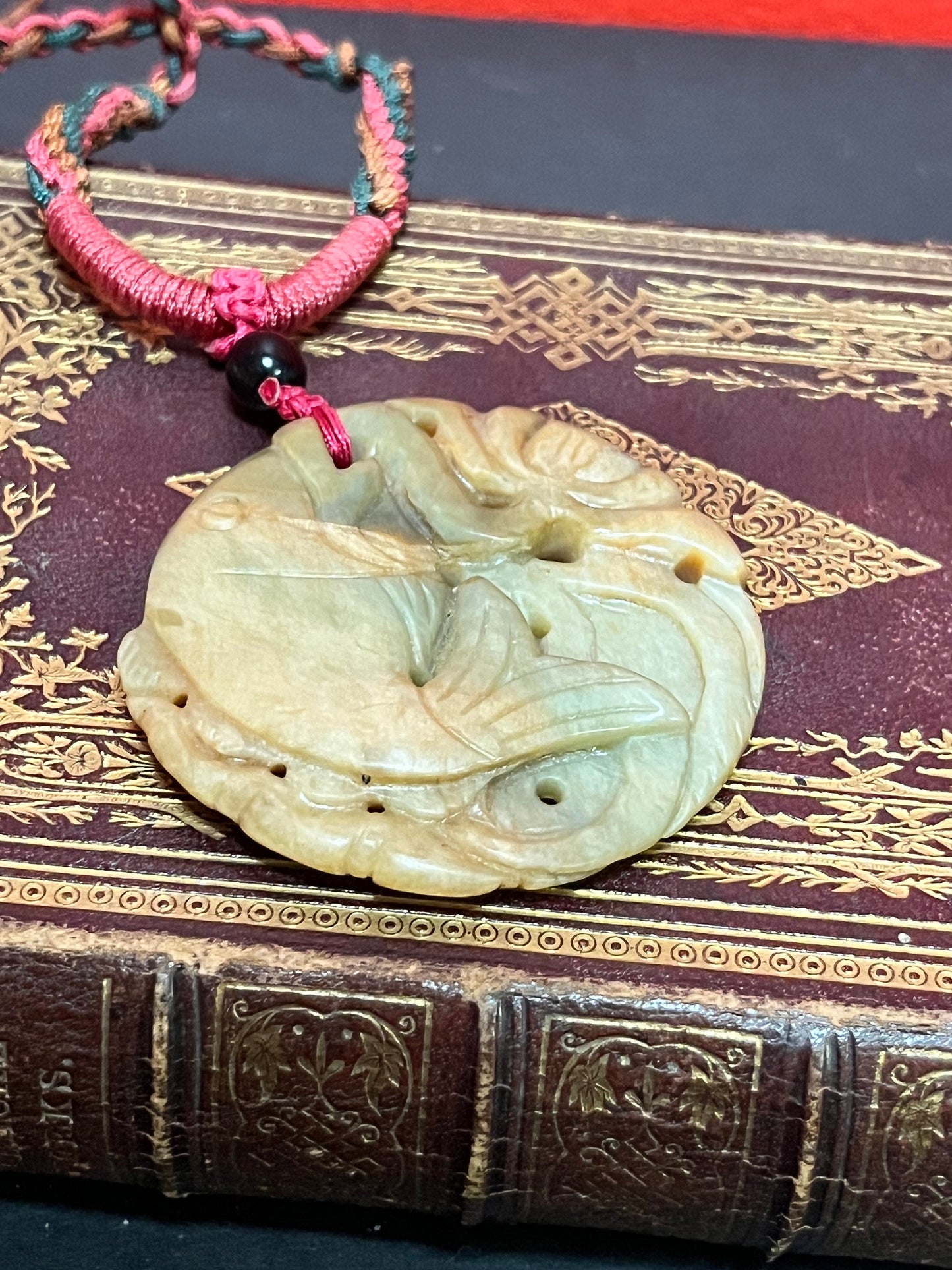 Fabulous old Chinese Jade 2 1/2 inch pendant depicting Koi fishes  24 inch Chinese necklace attached  lovely gift