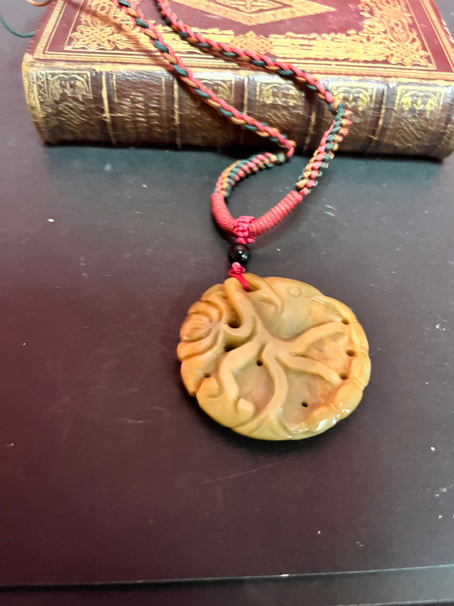 Fabulous old Chinese Jade 2 1/2 inch pendant depicting Koi fishes  24 inch Chinese necklace attached  lovely gift