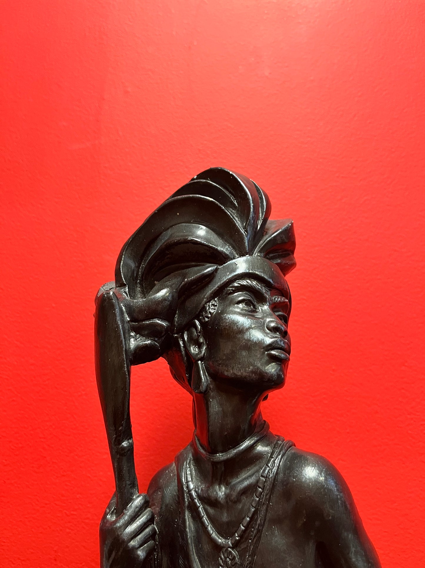 A Magnificent 25 x 7 wide vintage African spelter bronze statue of a warrior on brass base  unbelievable detail and patina.  wow