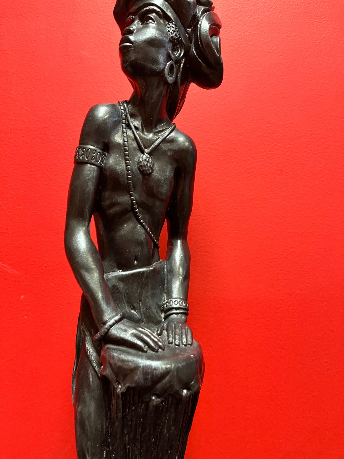 Fabulous 26 x 7 wide bronze spelter African statue of a drummer