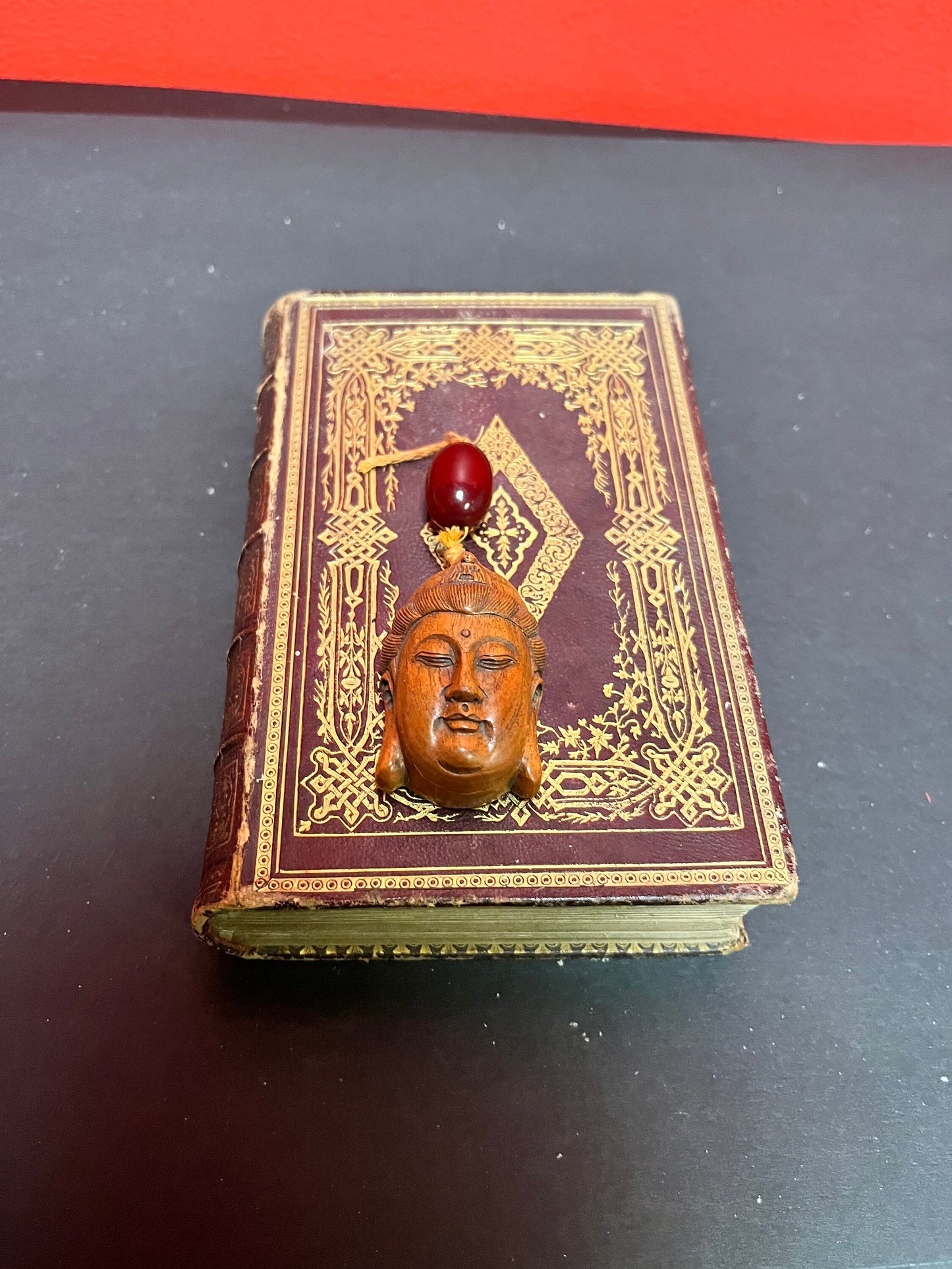 3.5 inch Japanese Rosewood signed Buddha Netsuke with cherry amber bead  amazing quality