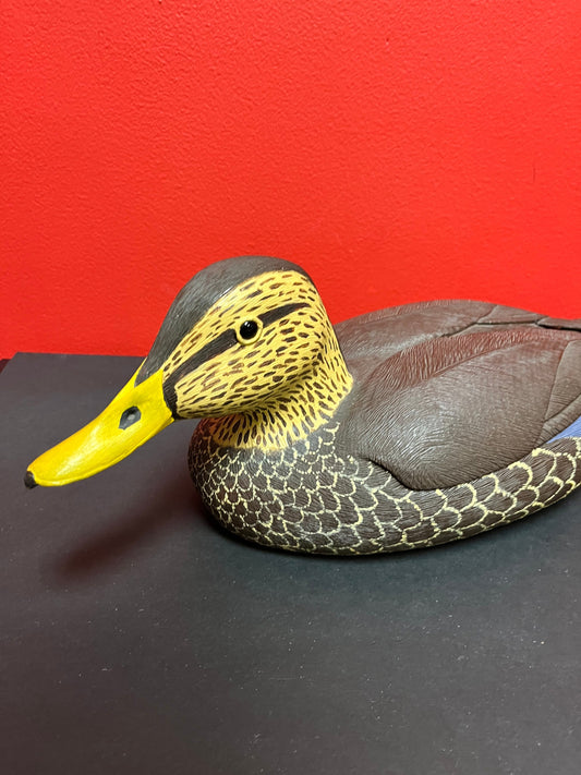 Fabulous 15 inch long signed carved wooden black duck  duck decoy, 1978 from Springfield  great detail and condition -